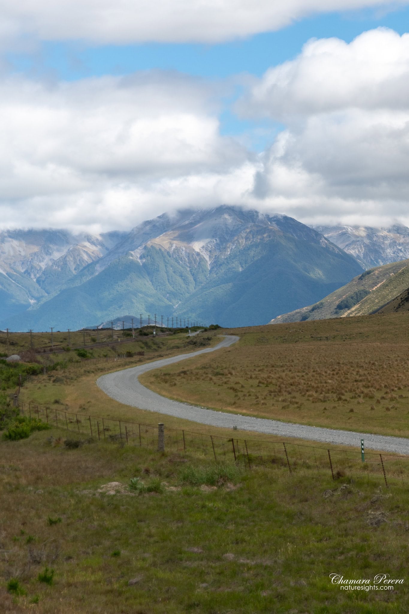 Winding road through Arthur's Pass tussock highlands New Zealand