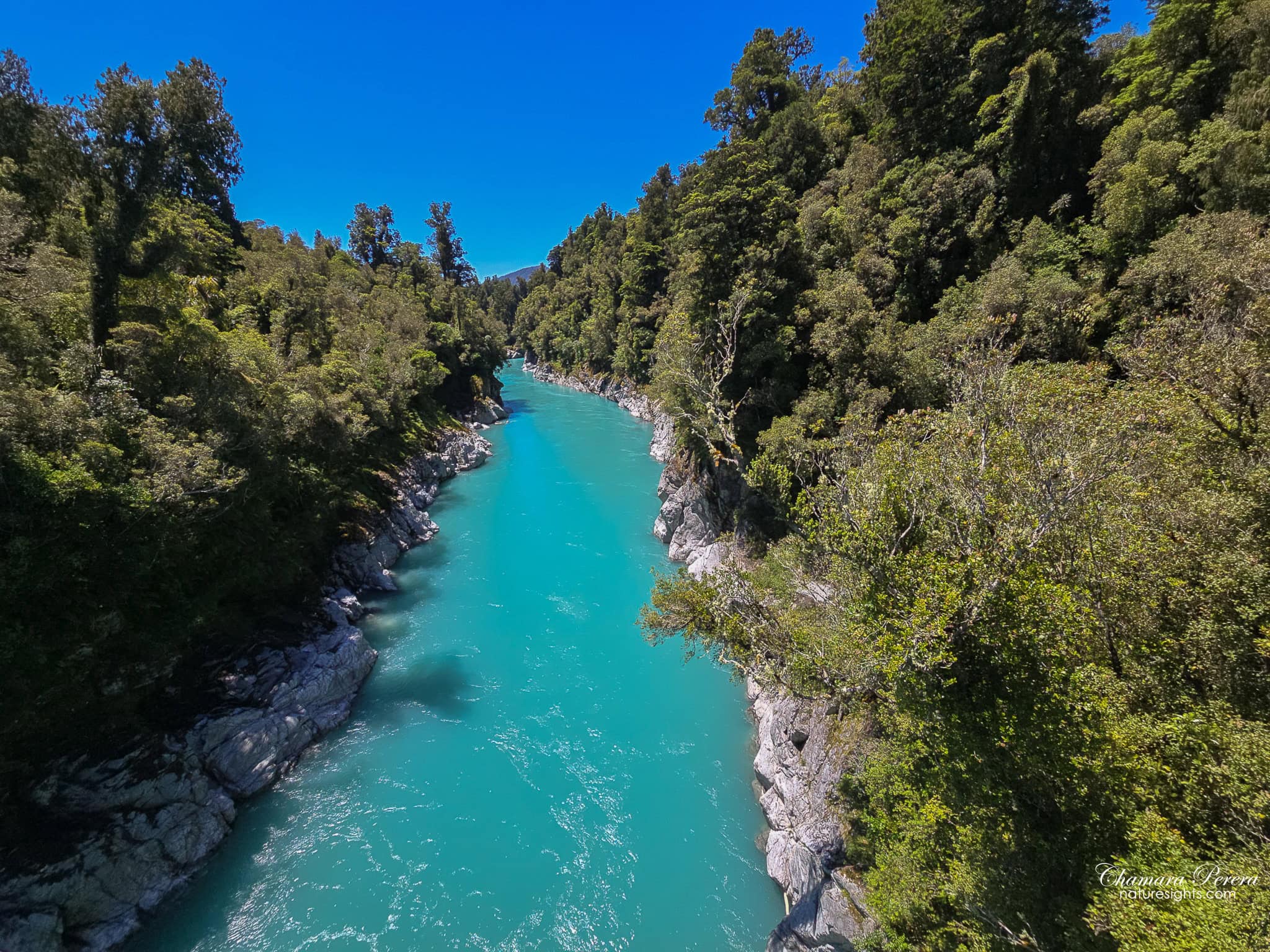 Hokitika Gorge bridge view looking downstream West Coast New Zealand