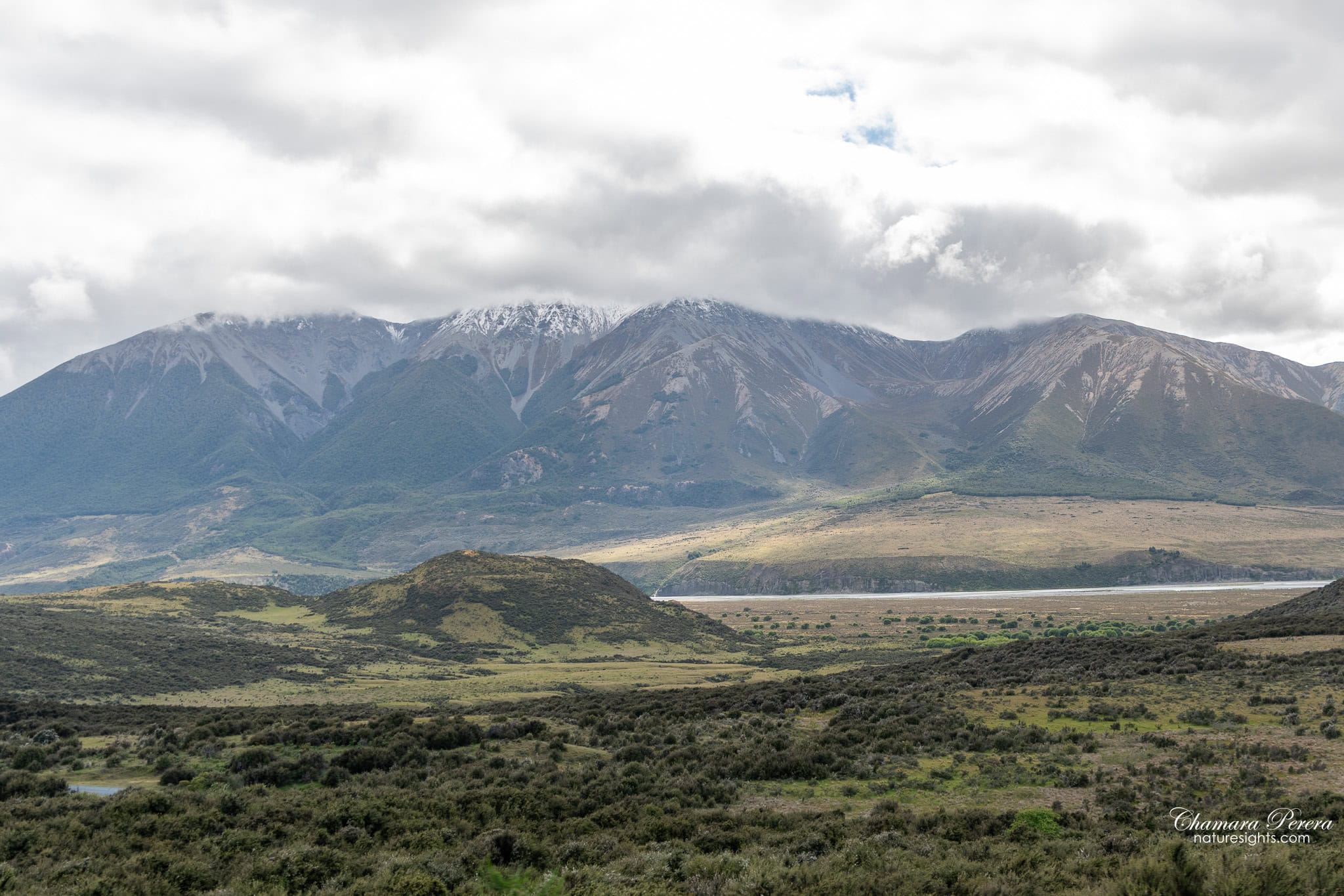 Mountain lake and snow-capped Southern Alps TranzAlpine New Zealand