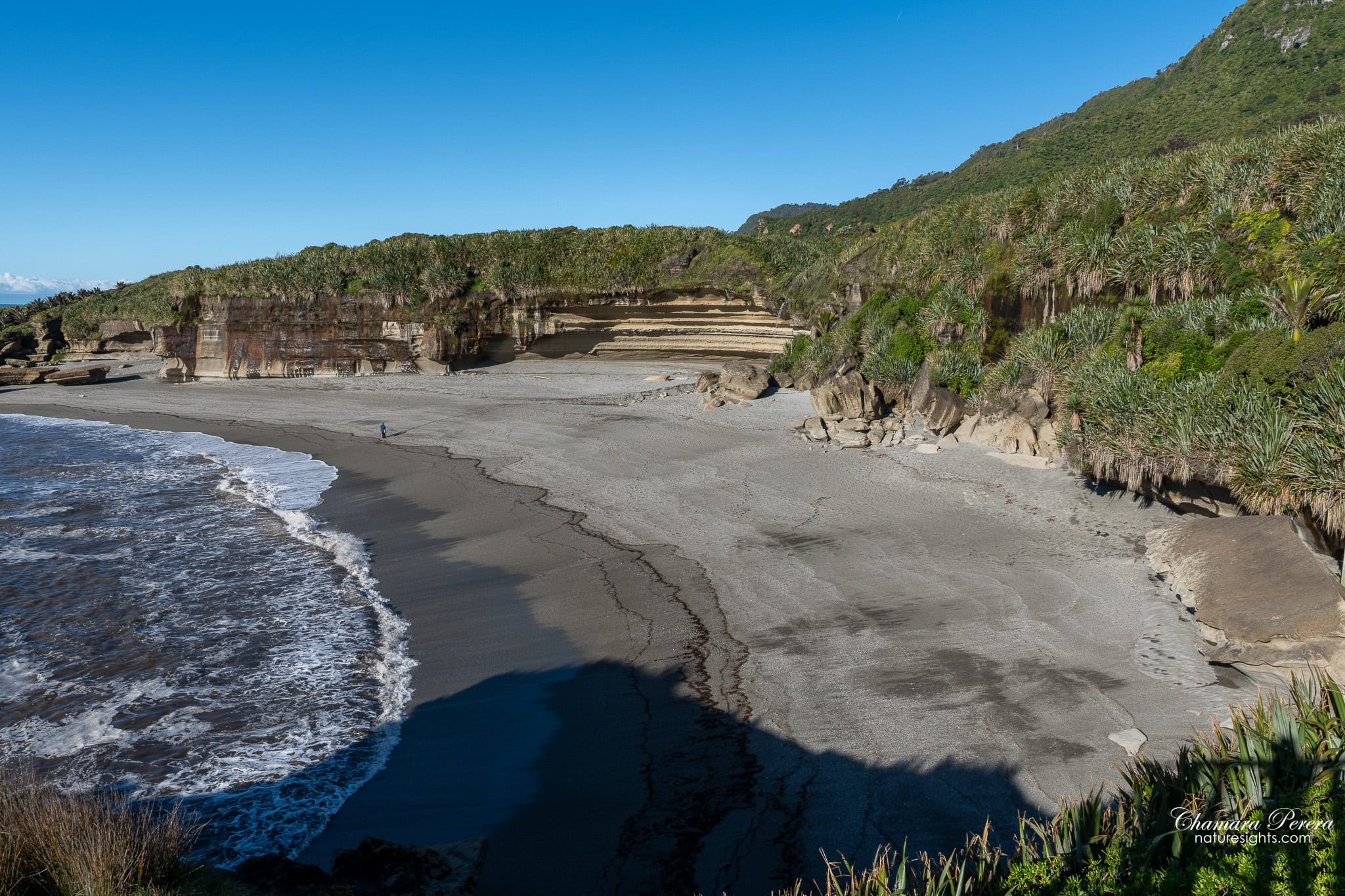 Punakaiki beach with layered cliffs New Zealand