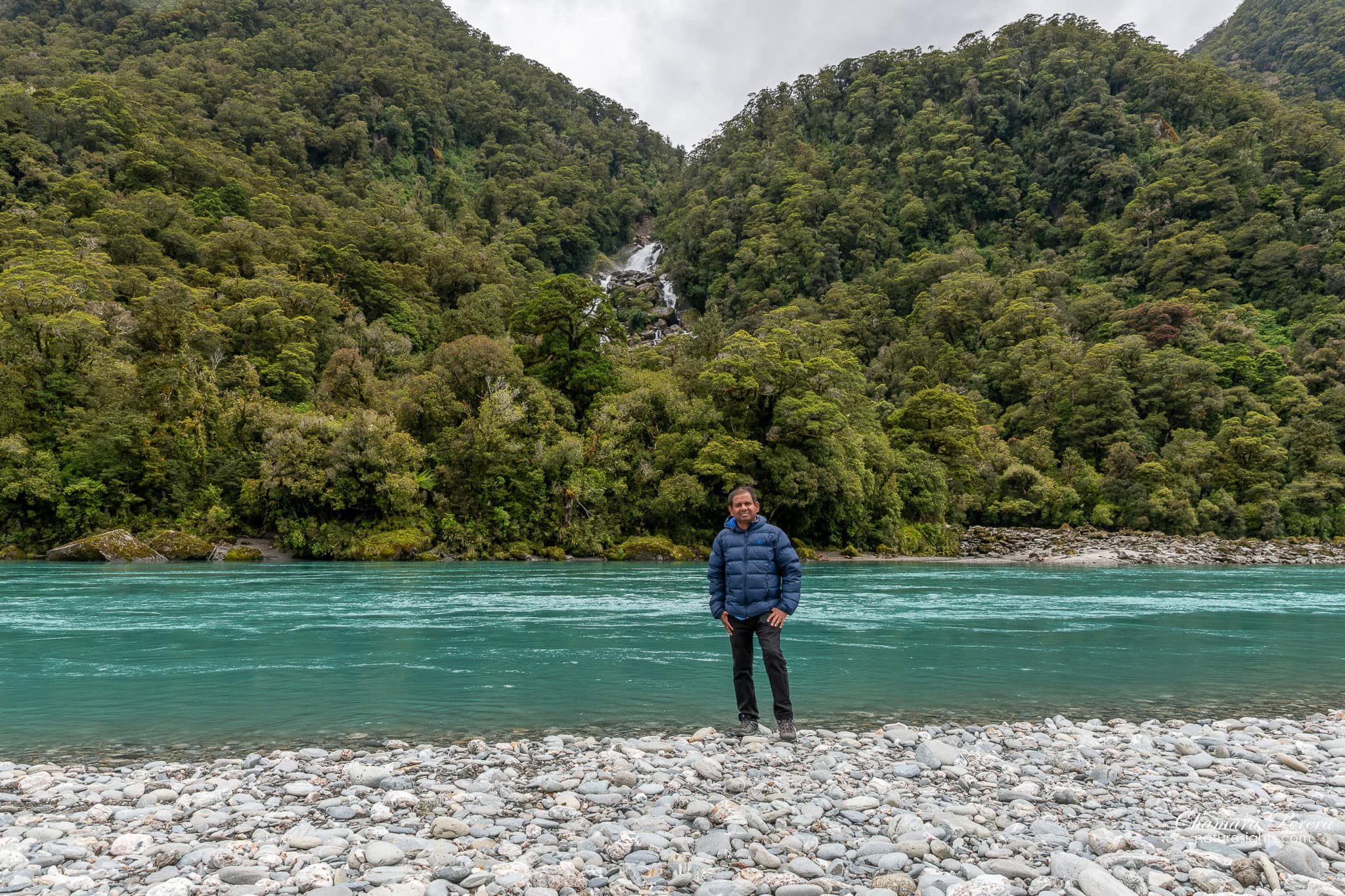 Chamara Perera at Roaring Billy Falls Haast River New Zealand