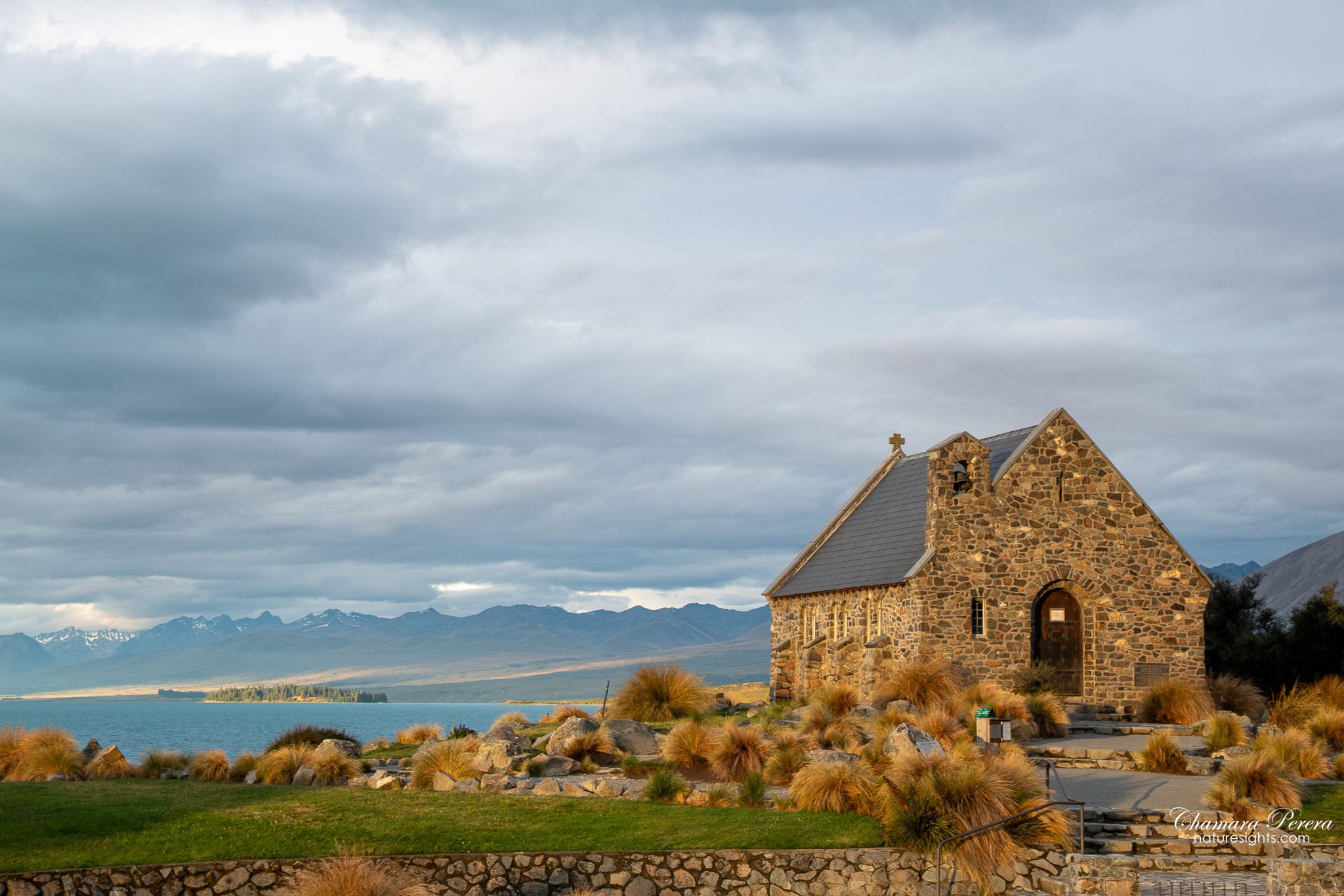 Church of the Good Shepherd Lake Tekapo at sunset with lake New Zealand