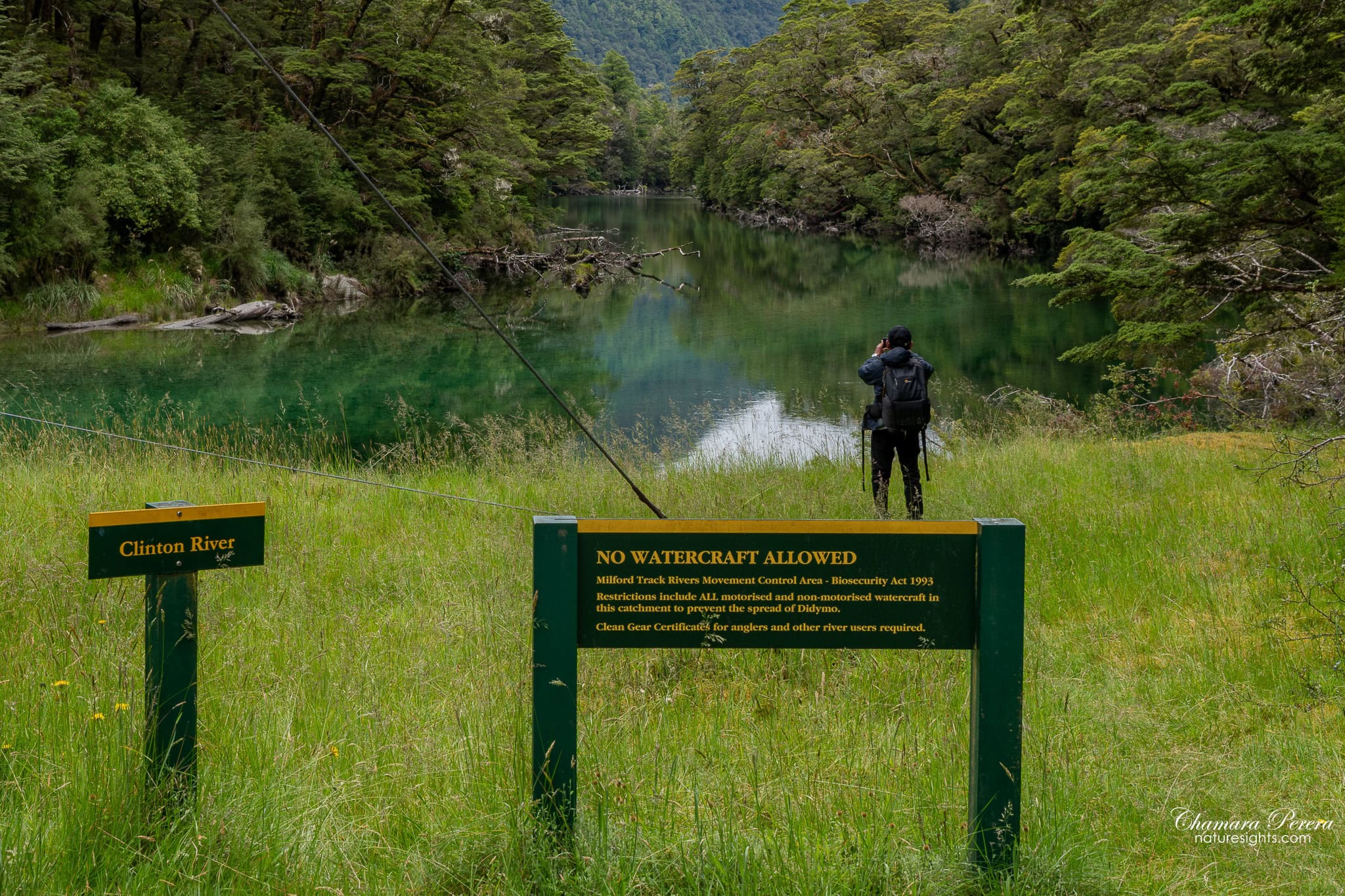 Clinton River sign no watercraft allowed Milford Track Fiordland New Zealand