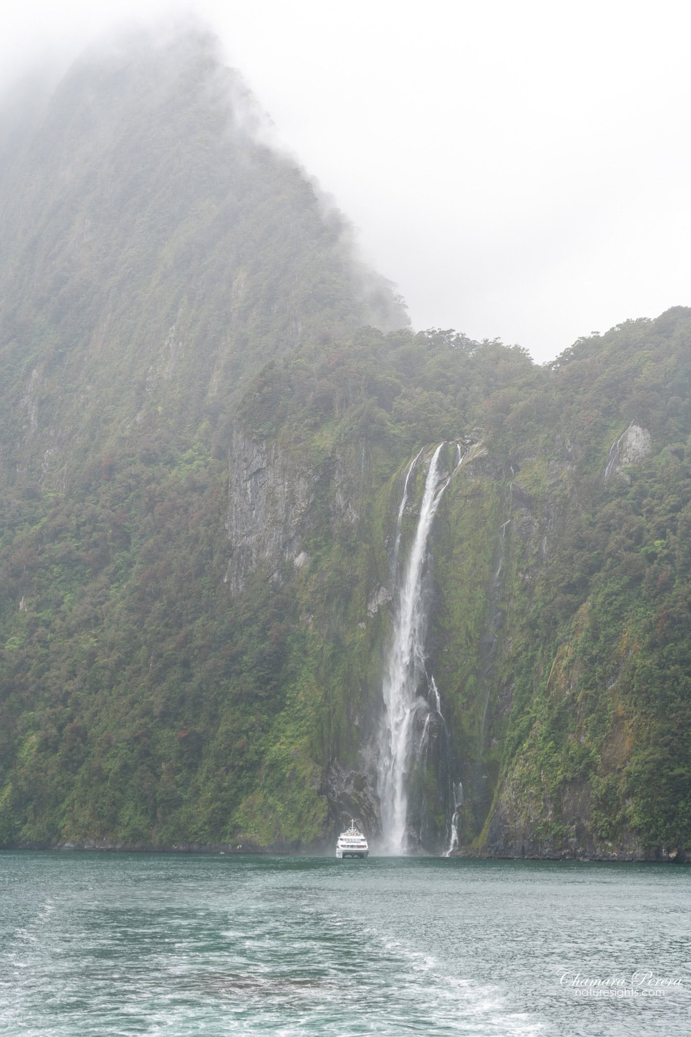 Cruise boat beside Stirling Falls Milford Sound New Zealand