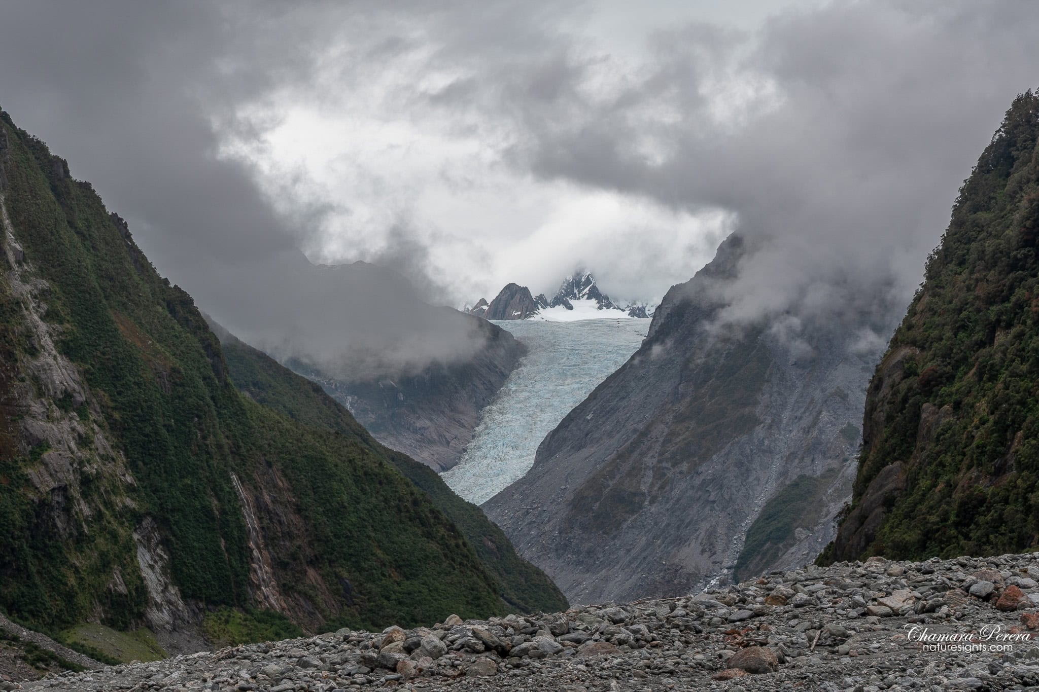 Fox Glacier full valley view from viewpoint Westland New Zealand