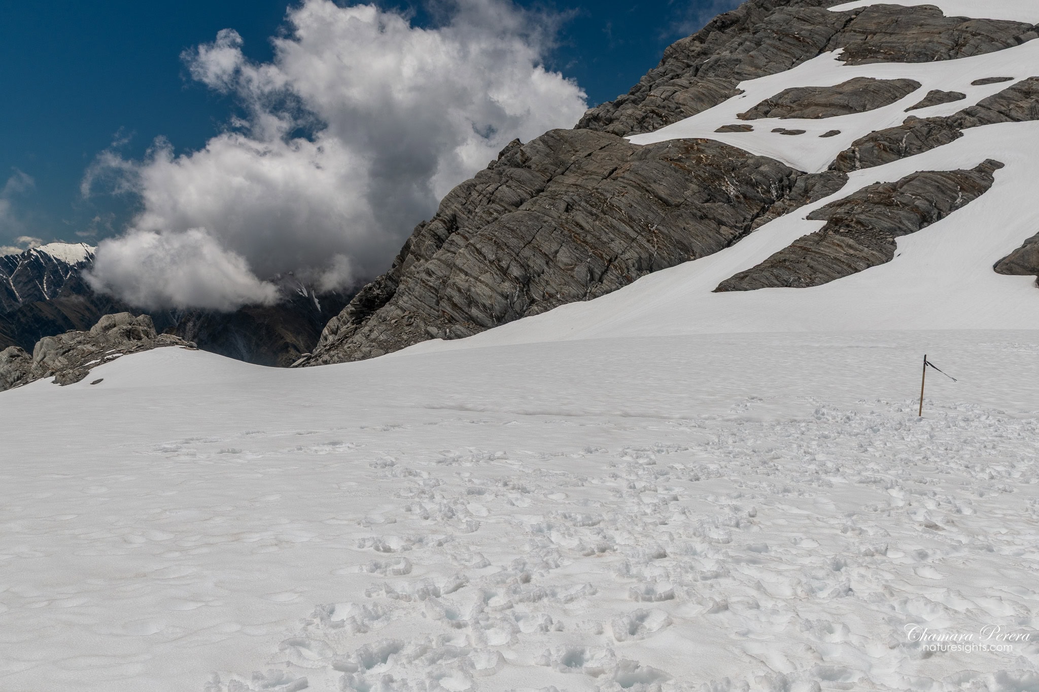 Franz Josef Glacier snowfield boundary marker and alpine peaks New Zealand