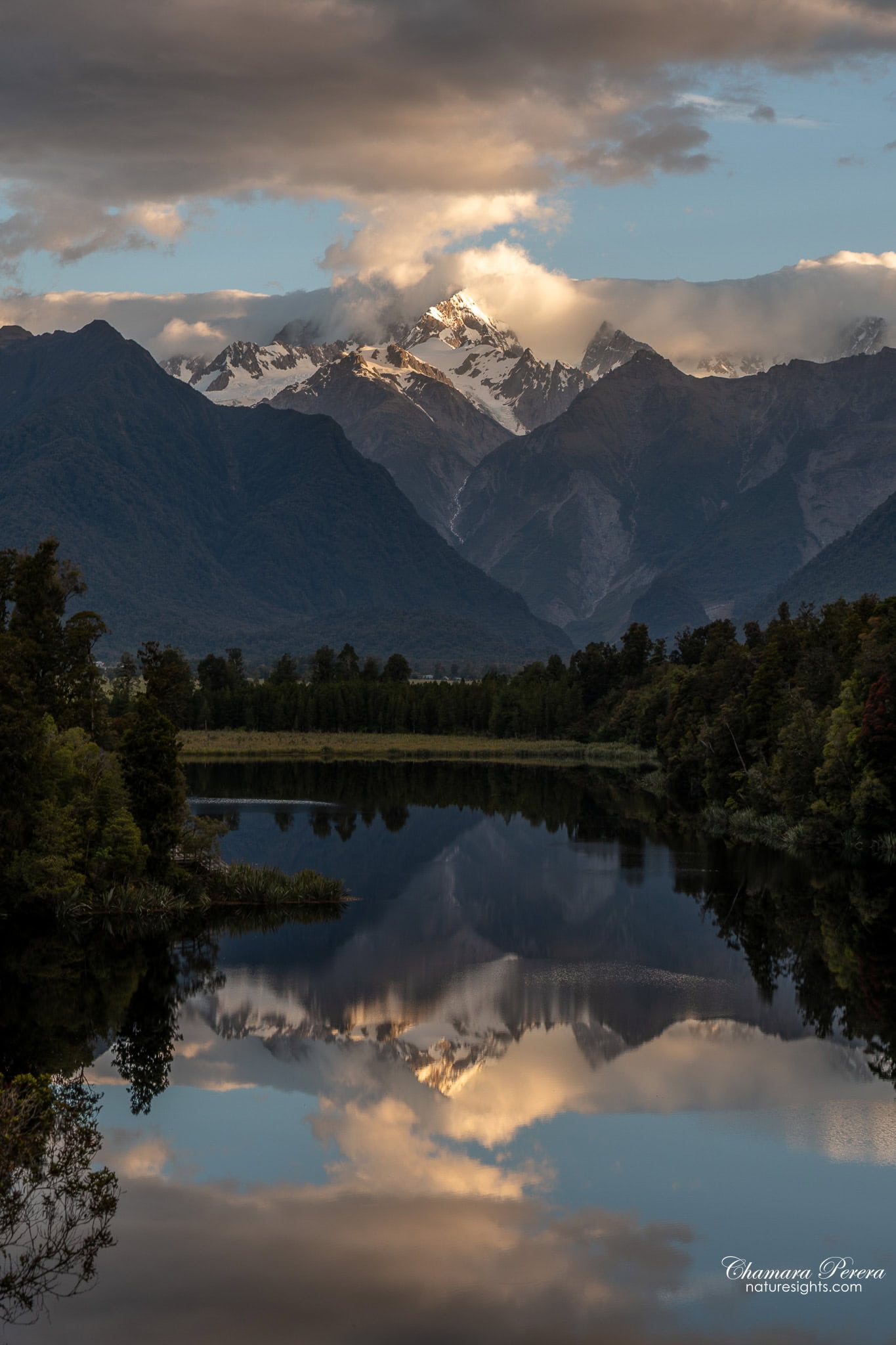 Lake Matheson evening reflection Southern Alps West Coast New Zealand