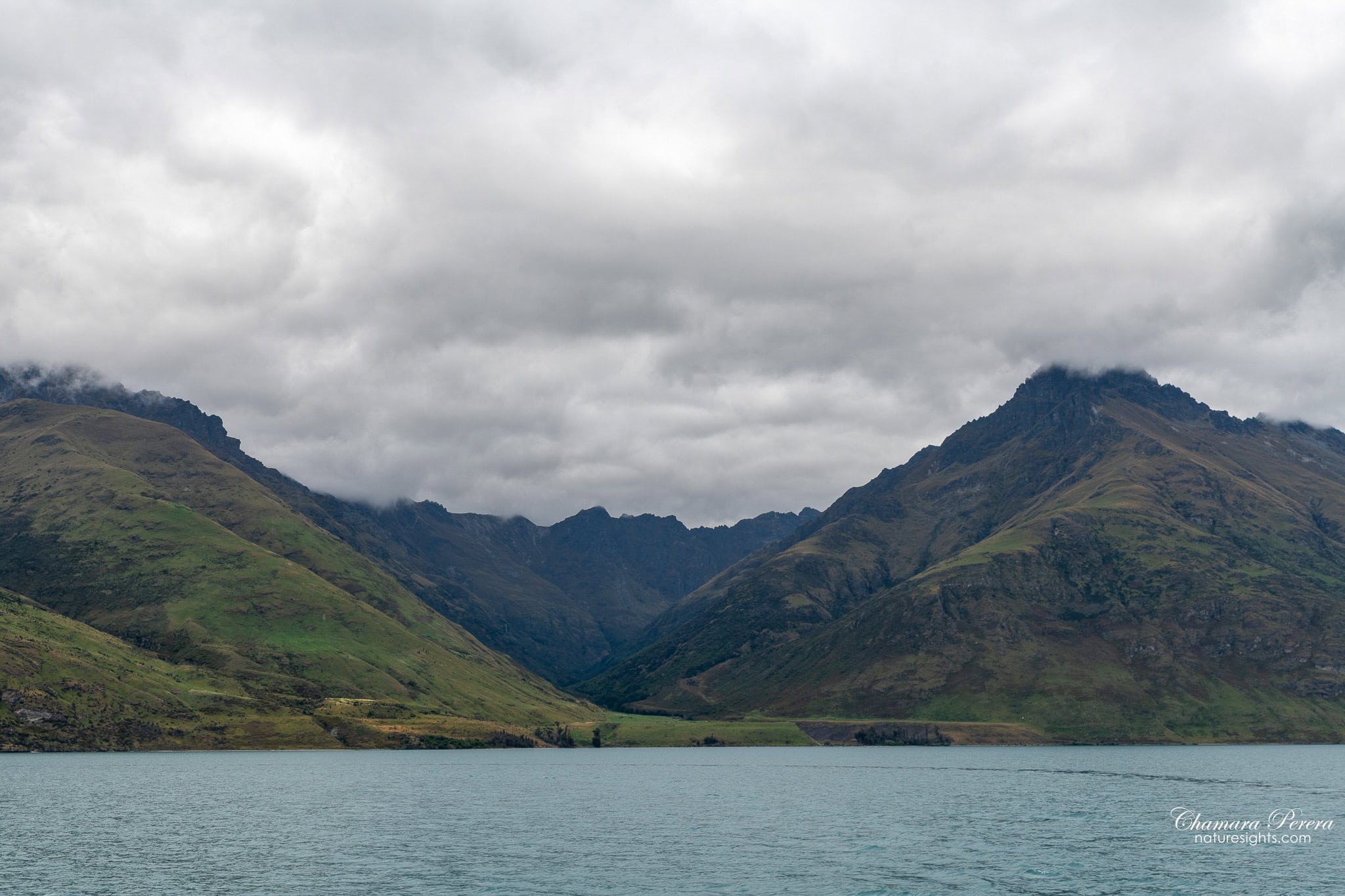 Lake Wakatipu mountain valley from TSS Earnslaw cruise Queenstown New Zealand