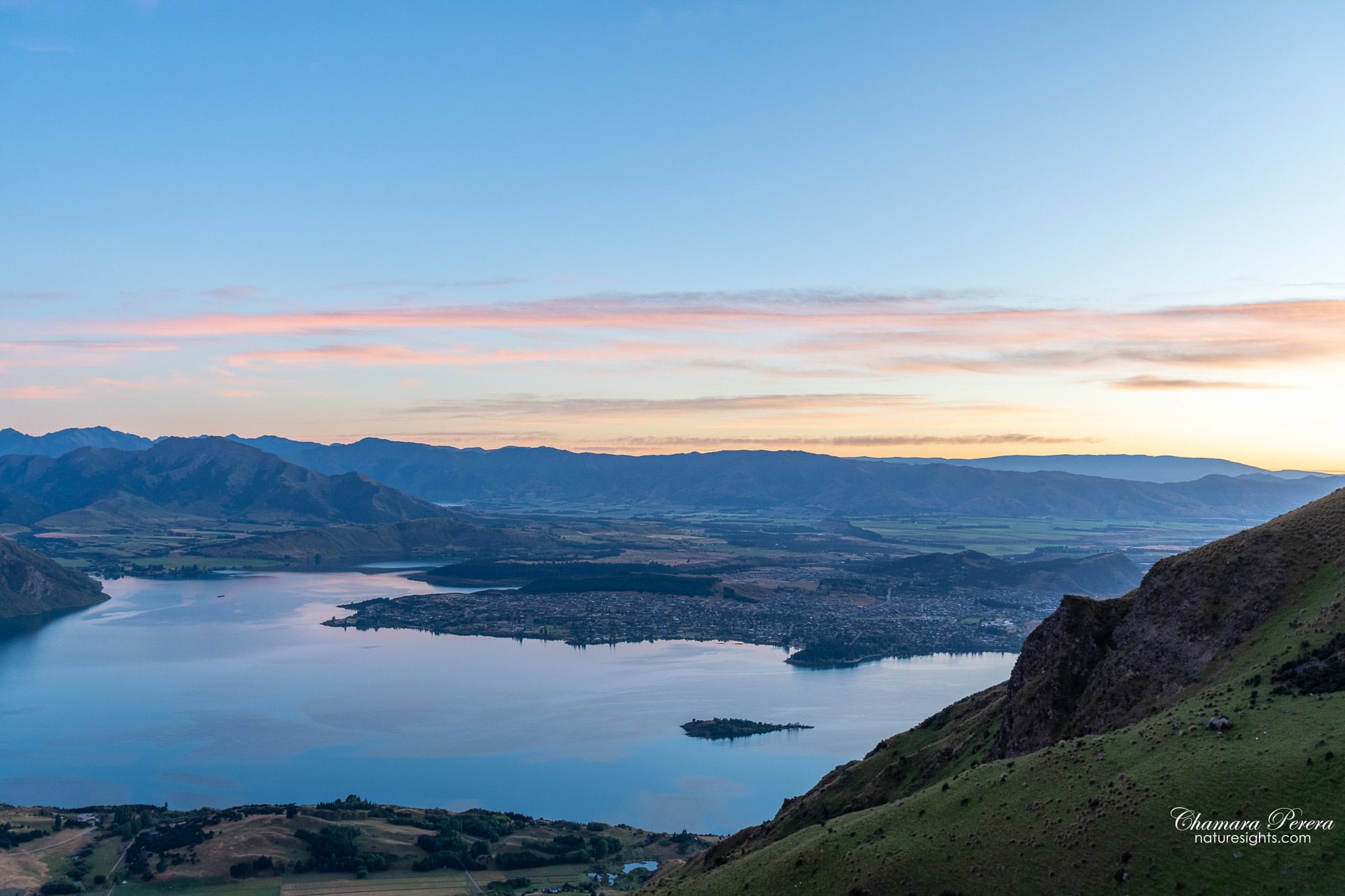 Lake Wanaka and Wanaka town from Roy's Peak in morning light New Zealand
