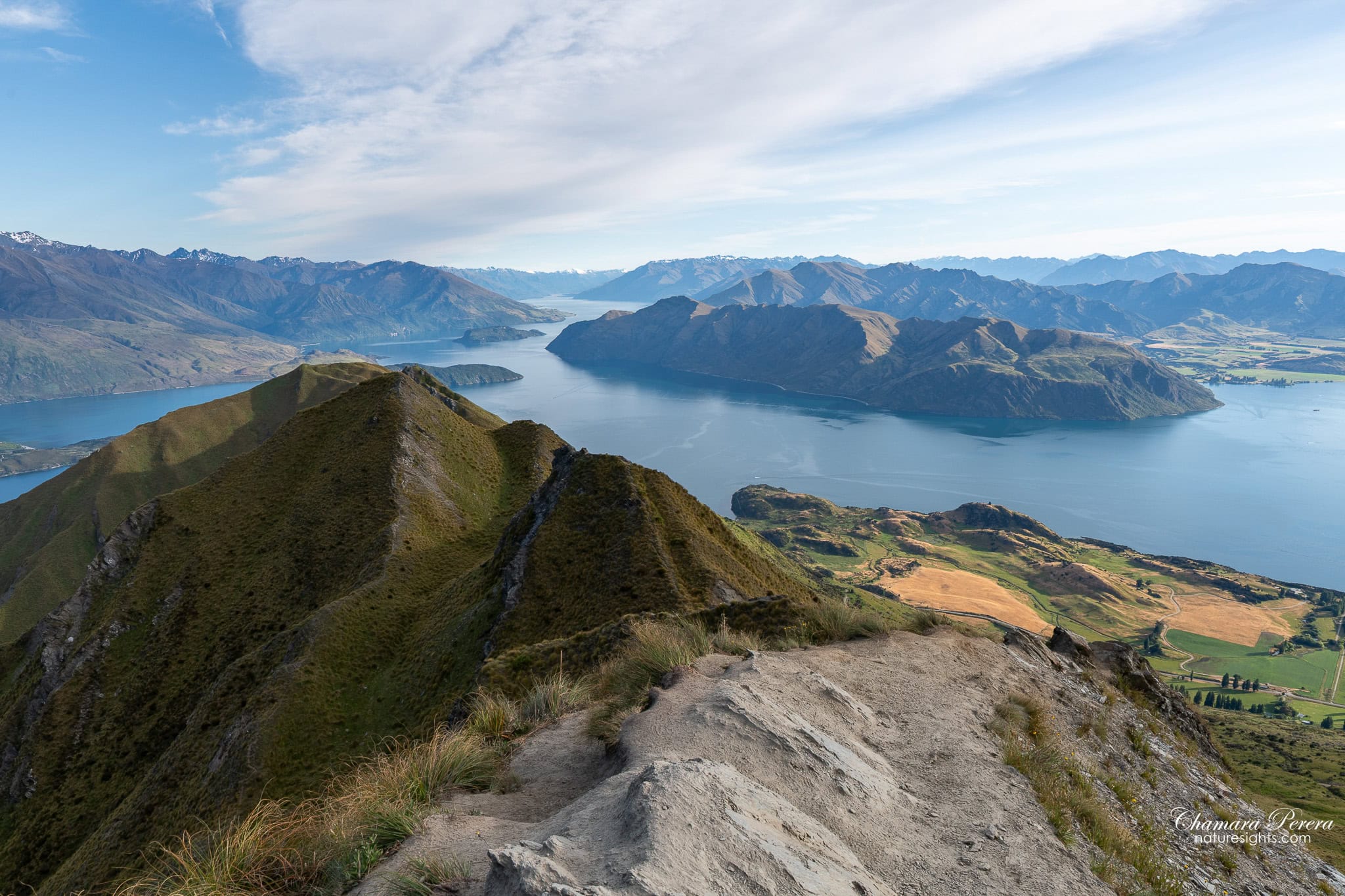 Wide panorama of Lake Wanaka from high on Roy's Peak New Zealand