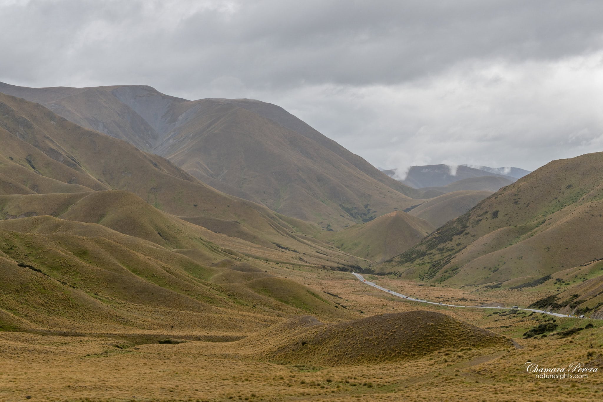 wide tussock landscape Lindis Pass New Zealand with mountains beyond