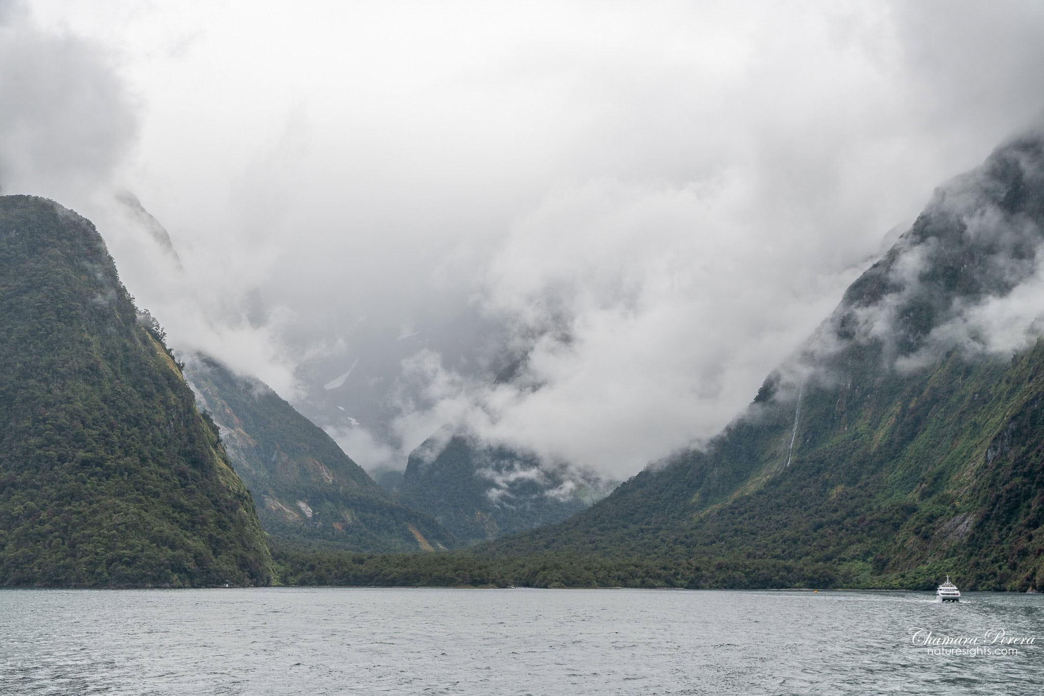 Milford Sound fjord head with cloud between mountains New Zealand