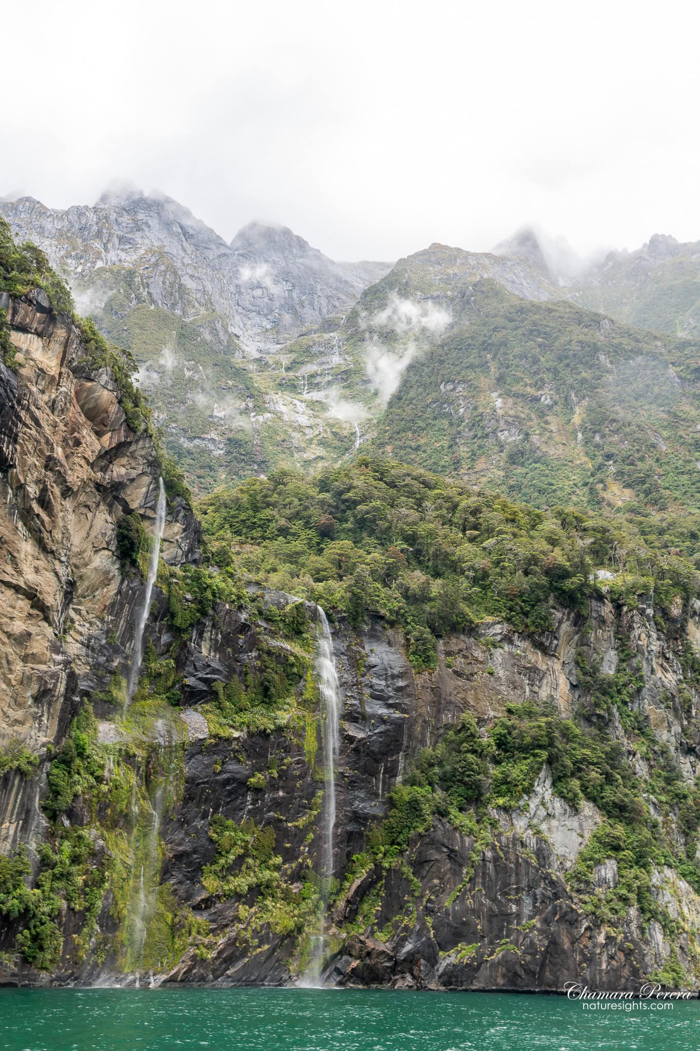 Multiple waterfalls on cliff face Milford Sound New Zealand