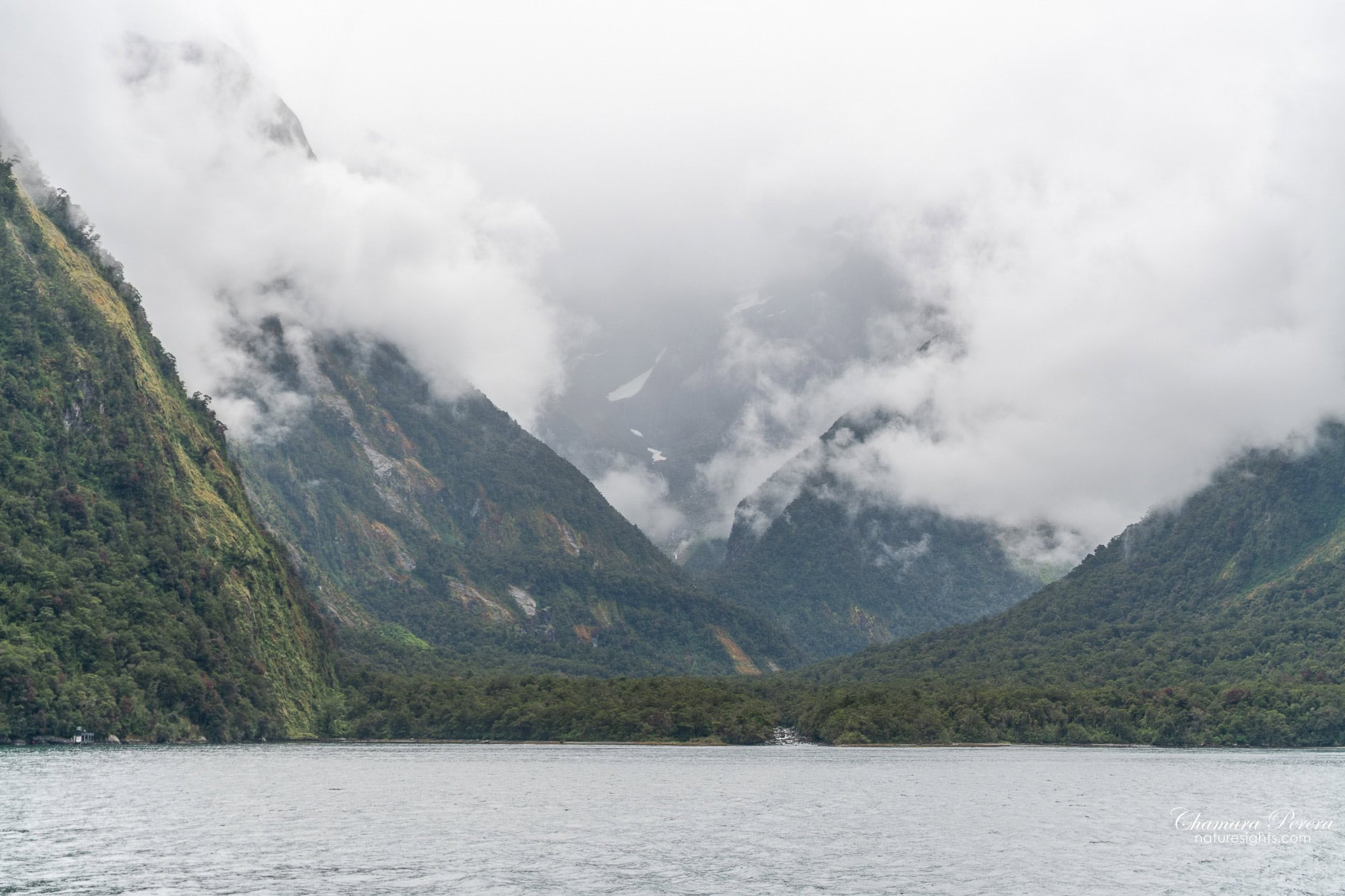 Milford Sound from the Tasman Sea end with dramatic cloud Fiordland