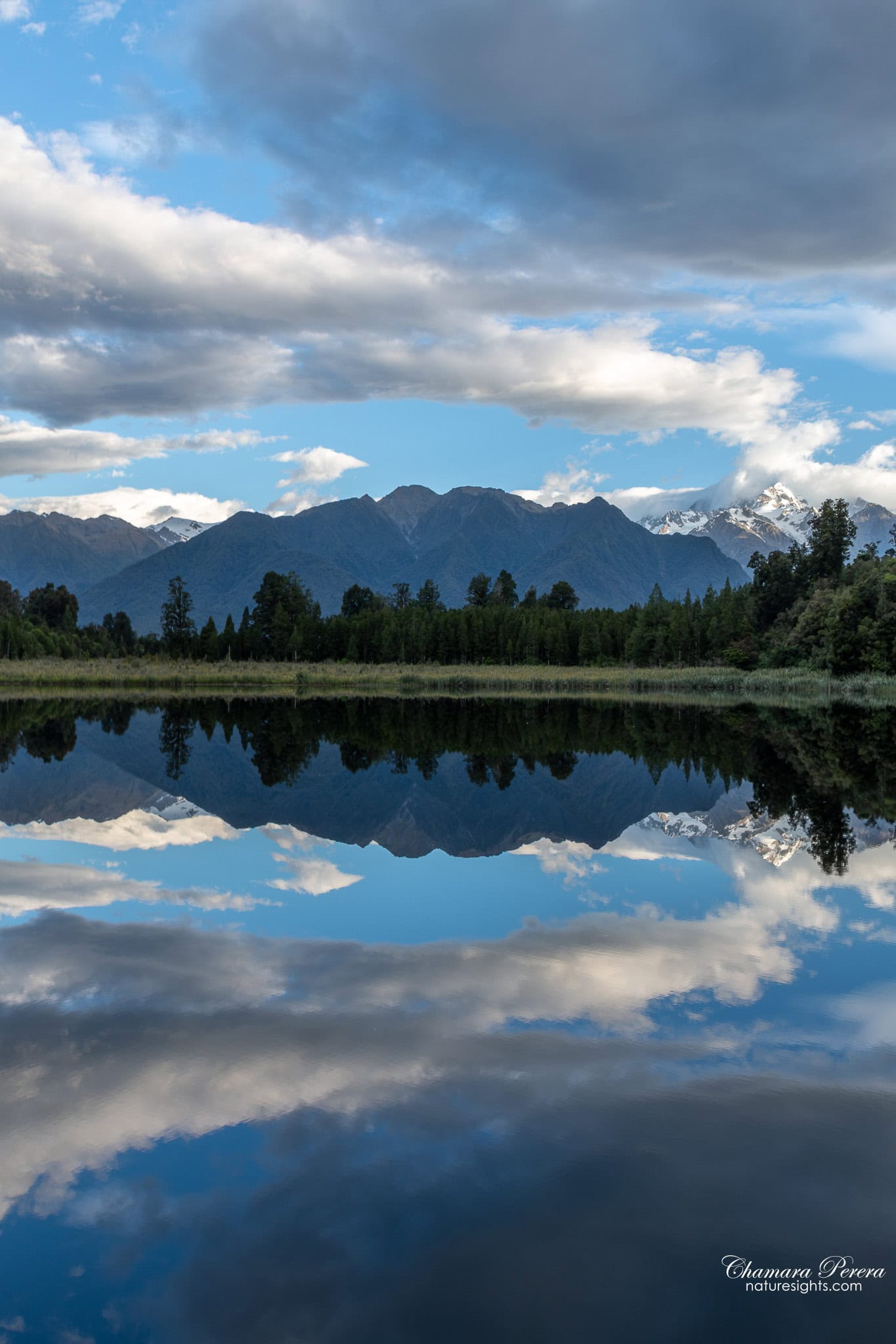 Aoraki Mount Cook evening reflection in Lake Matheson Fox Glacier New Zealand