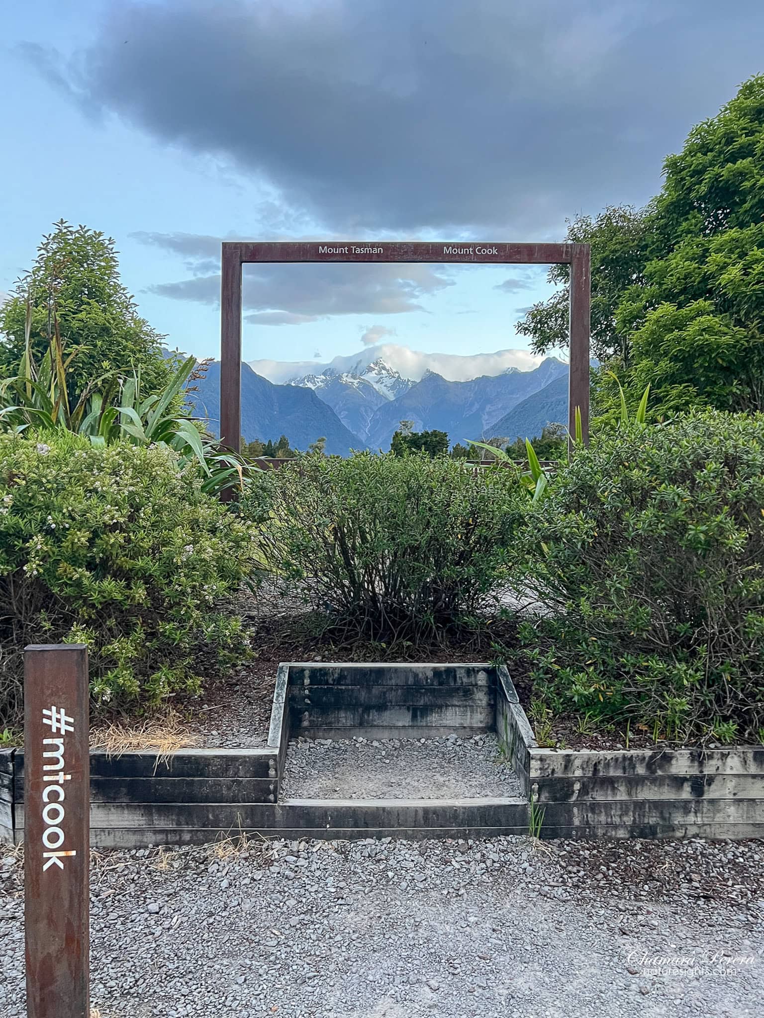 Frame installation in Fox Glacier village pointing to Mount Cook and Mount Tasman New Zealand