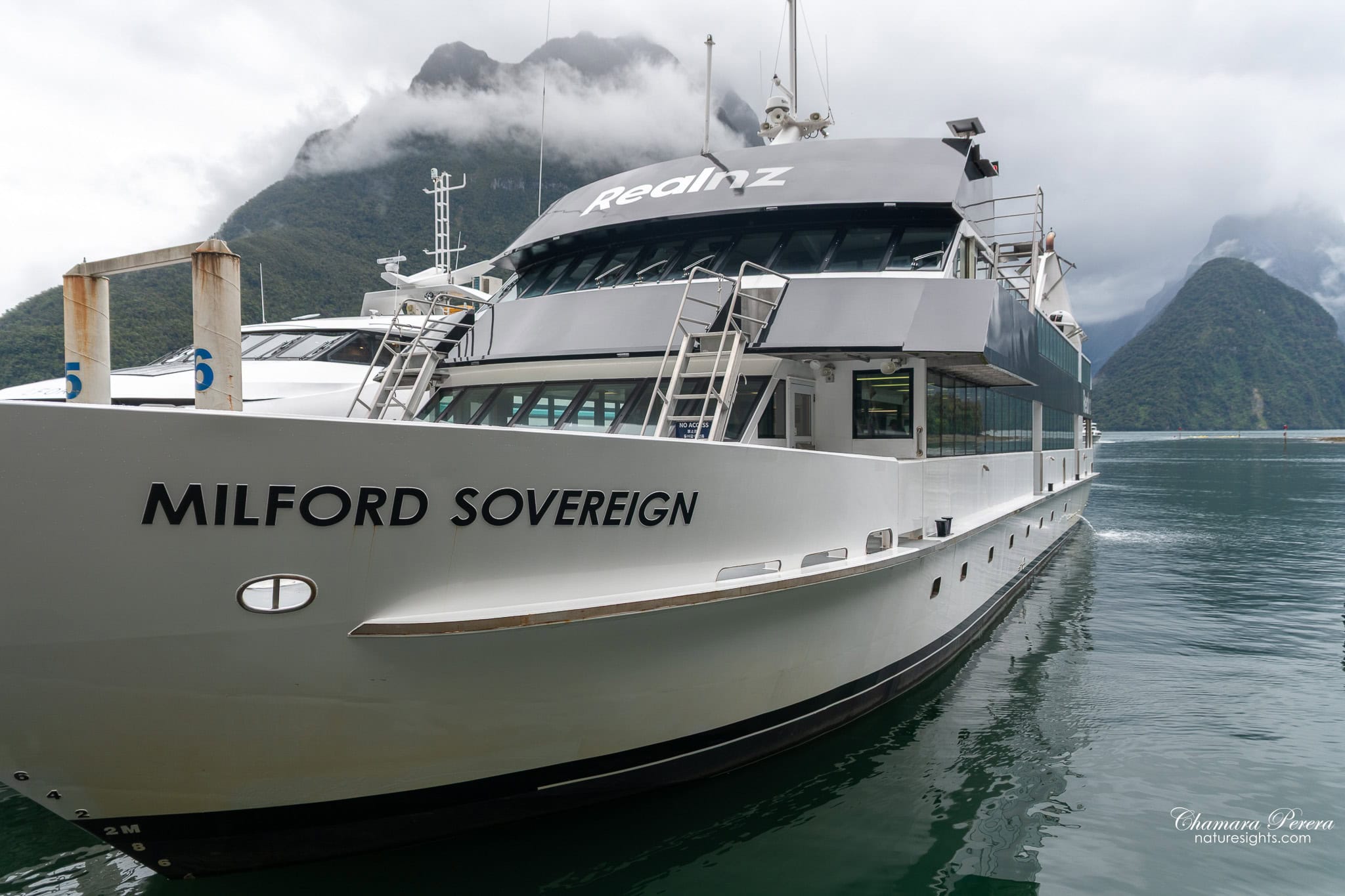 RealNZ Milford Sovereign cruise boat at Milford Sound wharf New Zealand