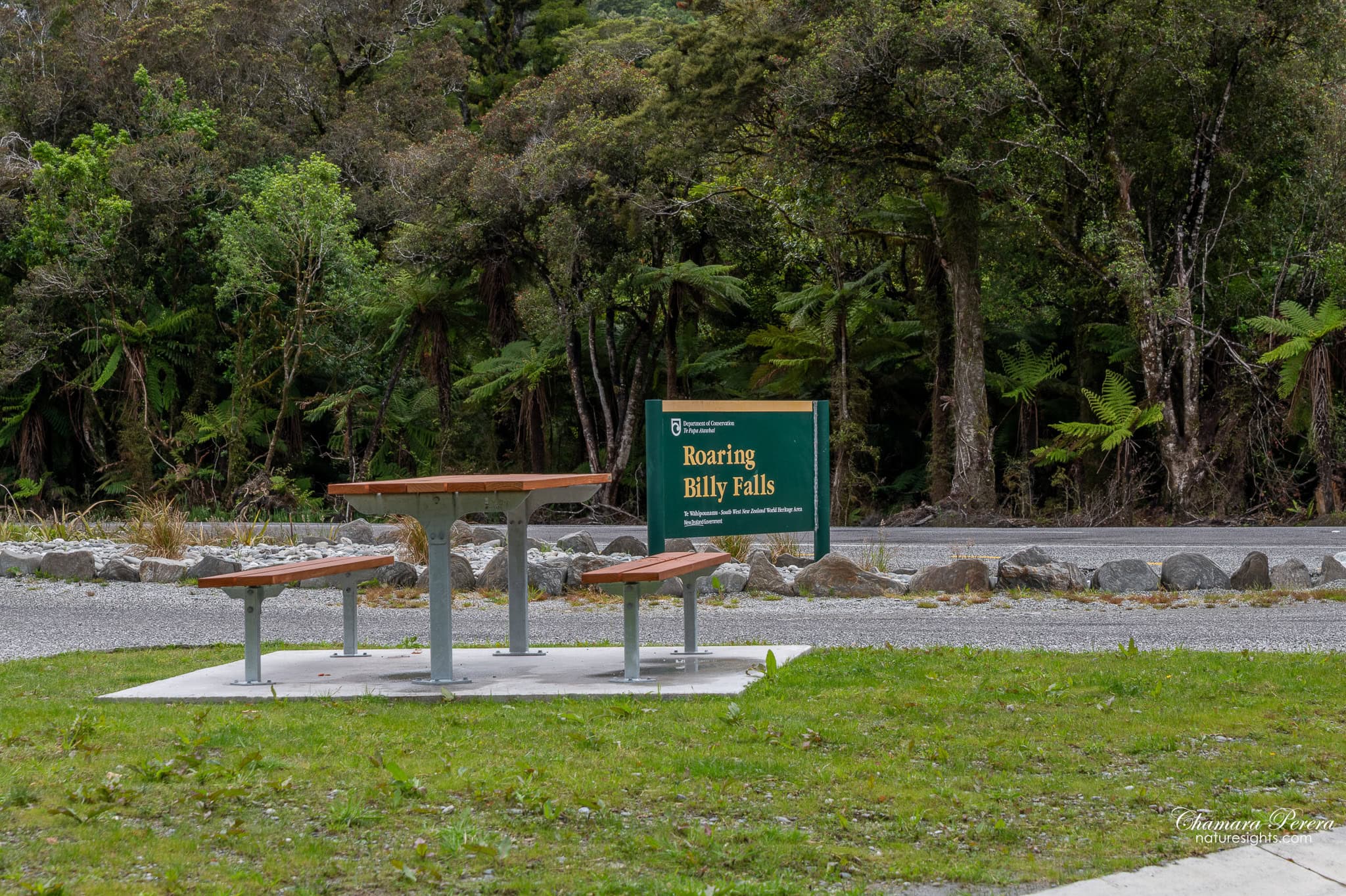 DOC sign Roaring Billy Falls car park Haast Pass New Zealand