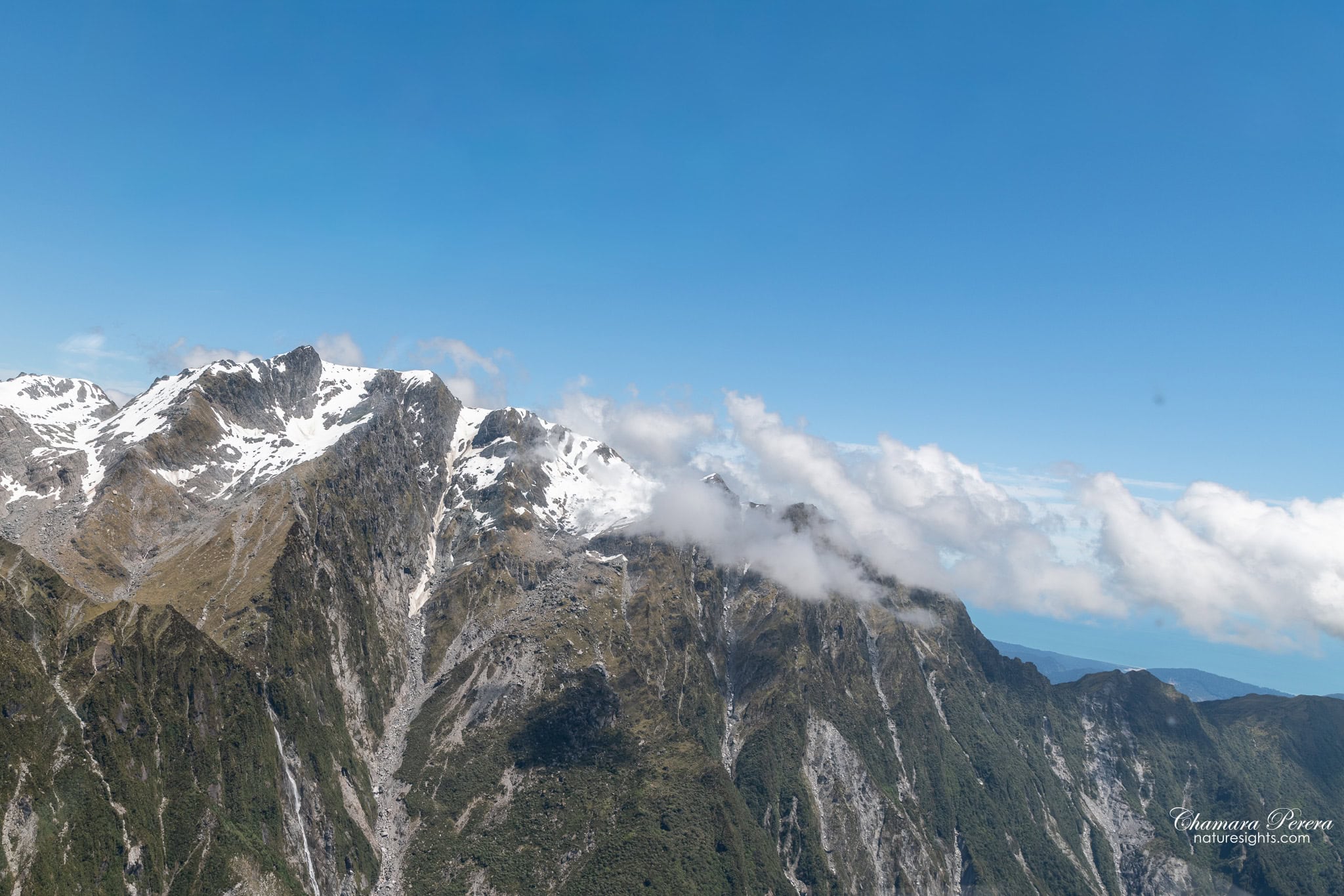Southern Alps panorama from helicopter above Franz Josef Glacier New Zealand