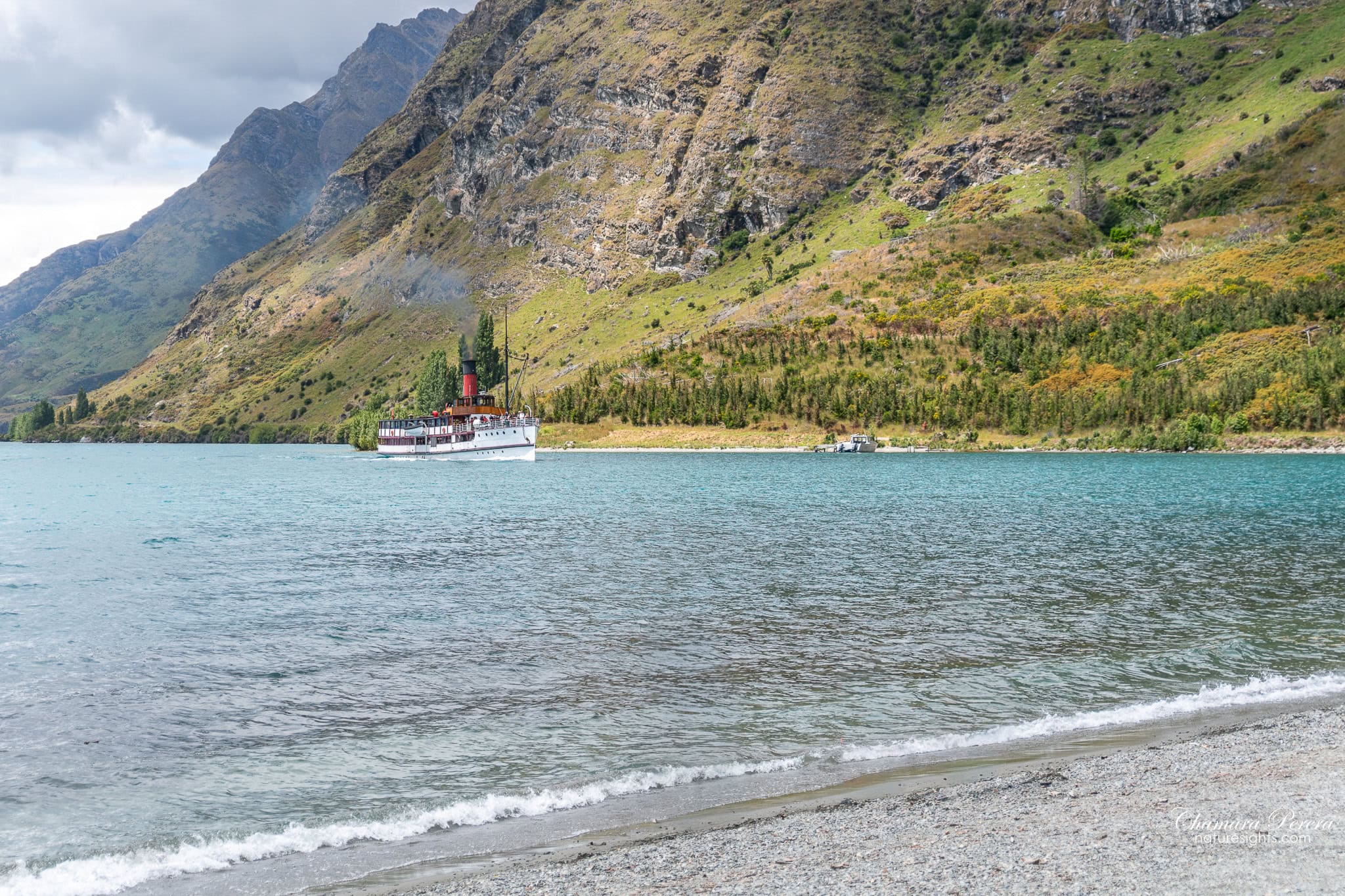 TSS Earnslaw arriving at Walter Peak Lake Wakatipu New Zealand