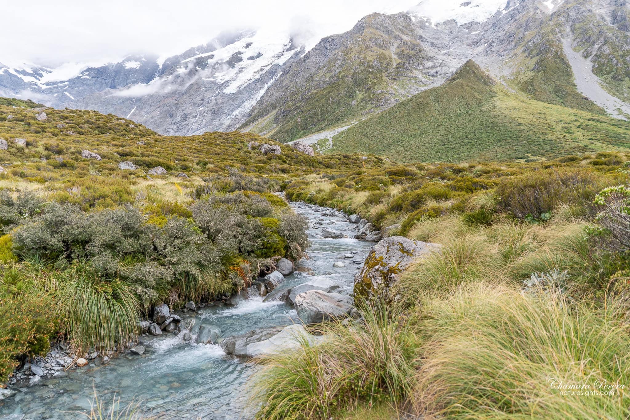 clear blue alpine stream flowing through Hooker Valley New Zealand