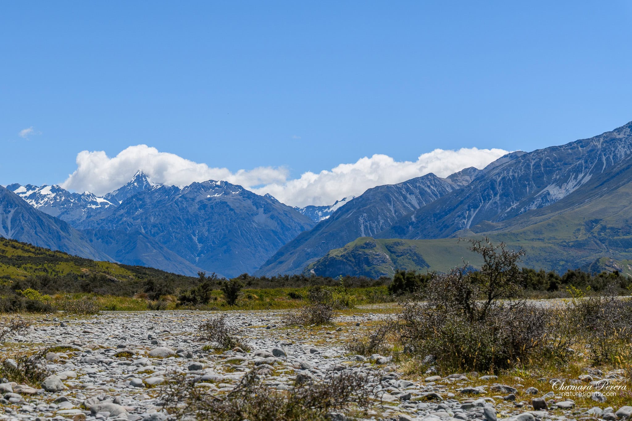 Braided riverbed with Southern Alps behind Mount Sunday Canterbury New Zealand