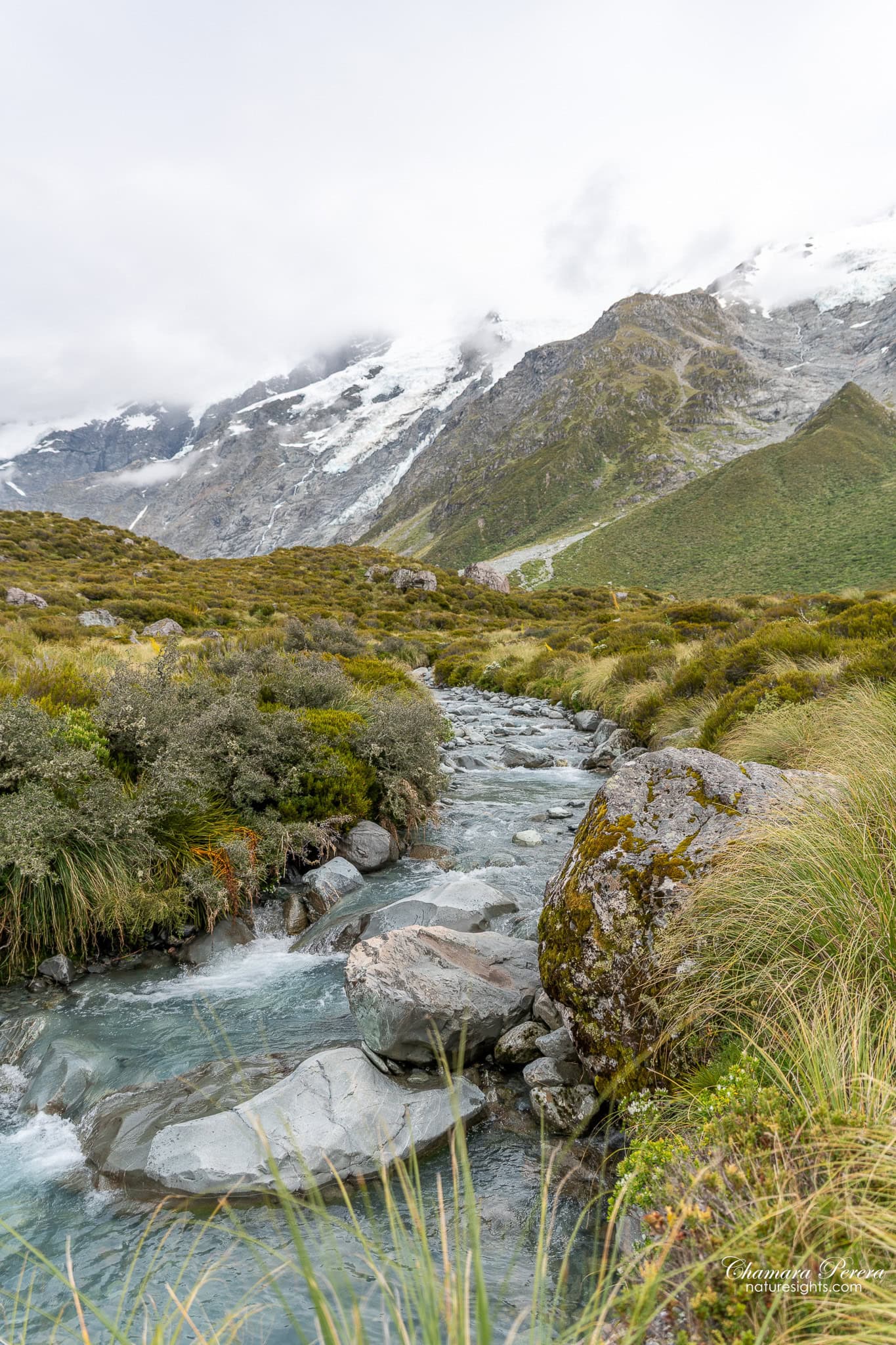 clear mountain stream with boulders Hooker Valley New Zealand