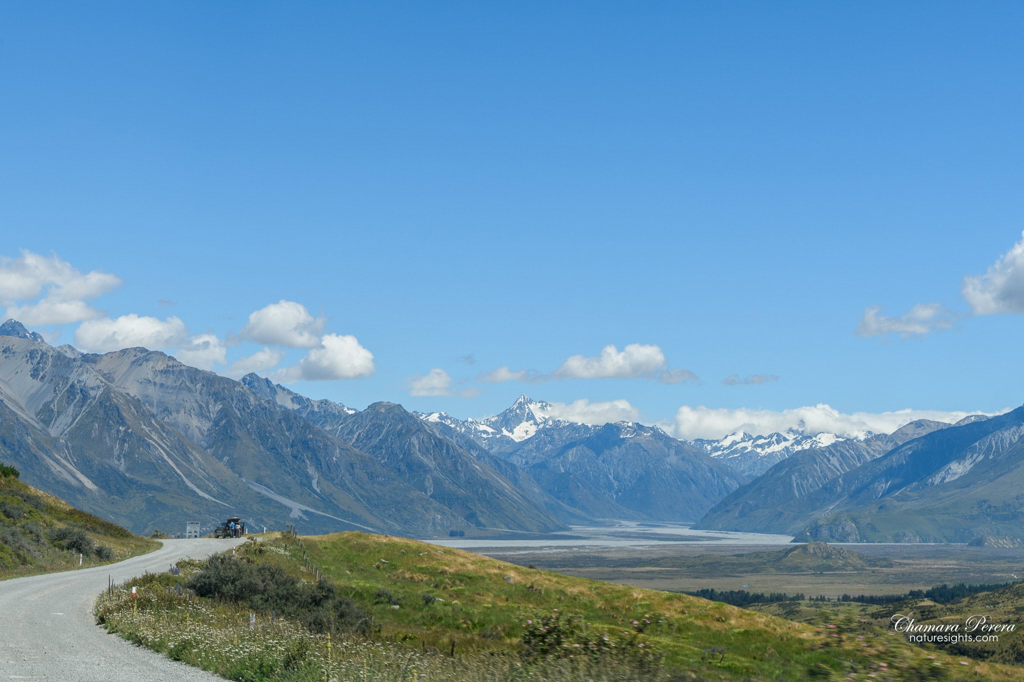 Gravel road descending into Rangitata Valley Hakatere Conservation Park New Zealand