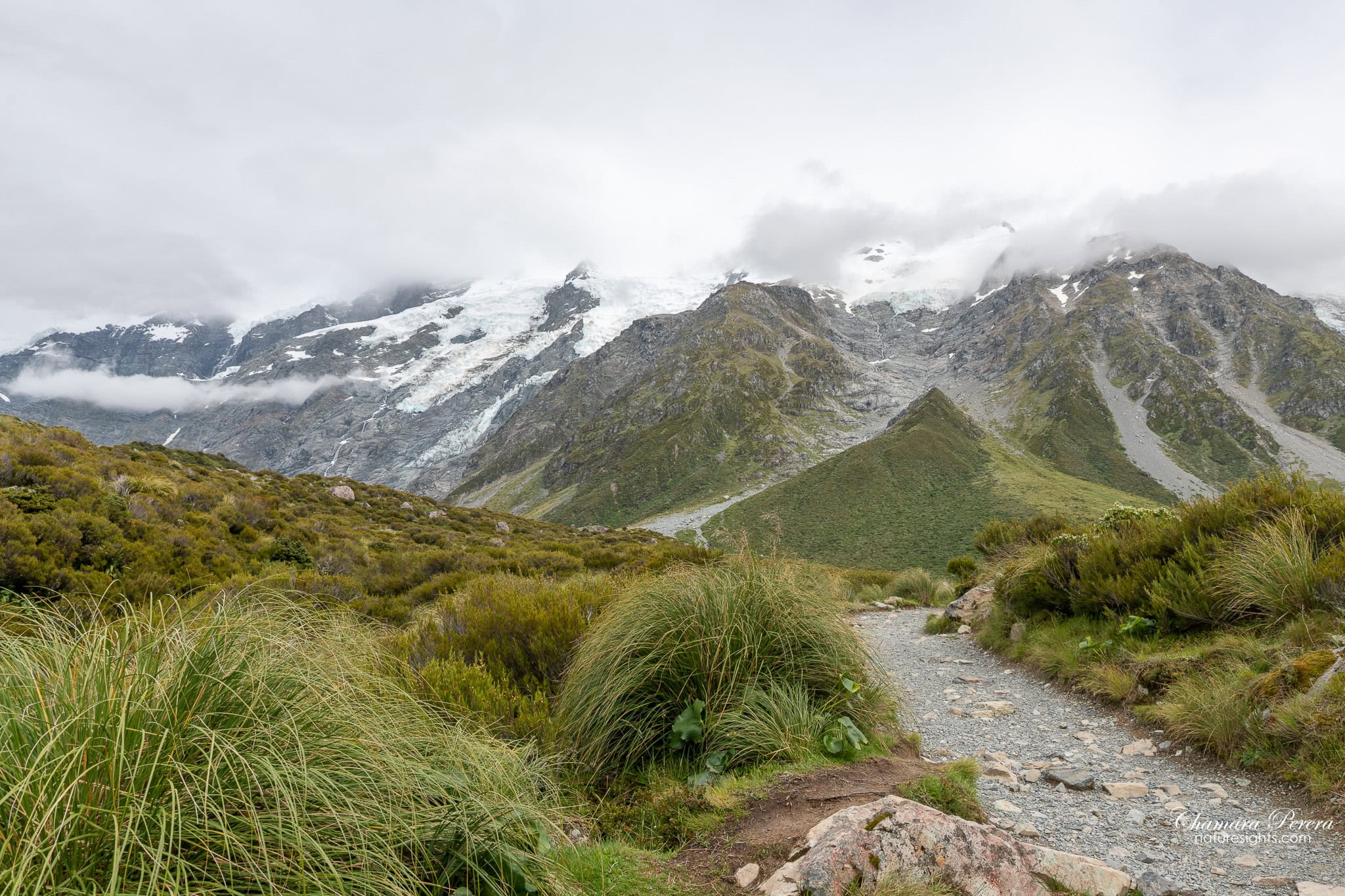 gravel track path through Hooker Valley with alpine peaks New Zealand