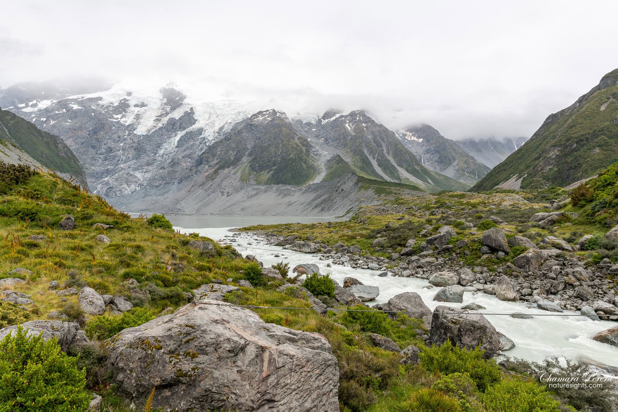 Hooker River milky blue water flowing over boulders Mount Cook New Zealand