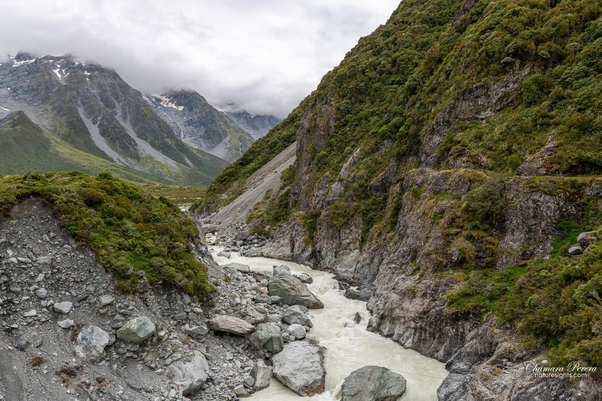 Hooker River flowing through narrow gorge Mount Cook New Zealand