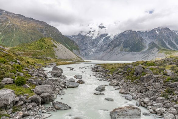 Hooker River flowing toward Hooker Lake Mount Cook New Zealand