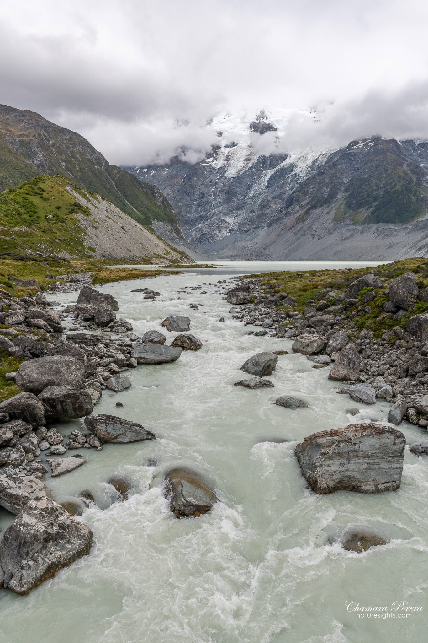Hooker River leading to Hooker Lake with glaciers behind New Zealand