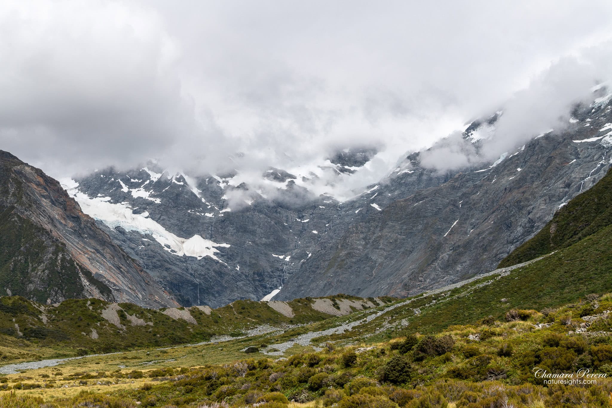 Hooker Valley wide with glaciers and mountains New Zealand