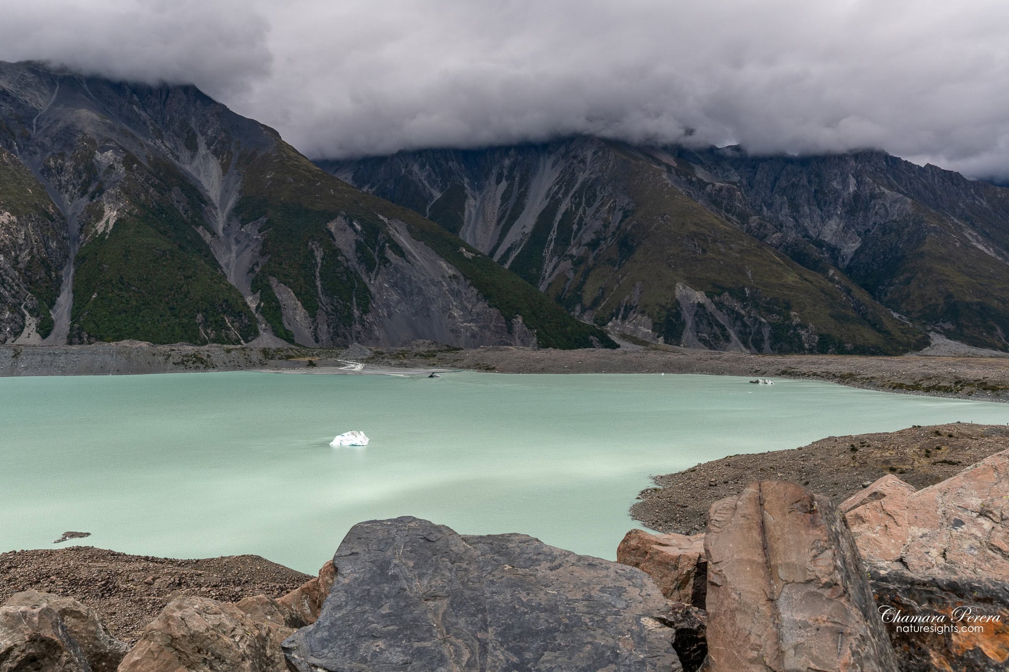 Icebergs floating in Tasman Lake with rocky moraine foreground at Mount Cook New Zealand