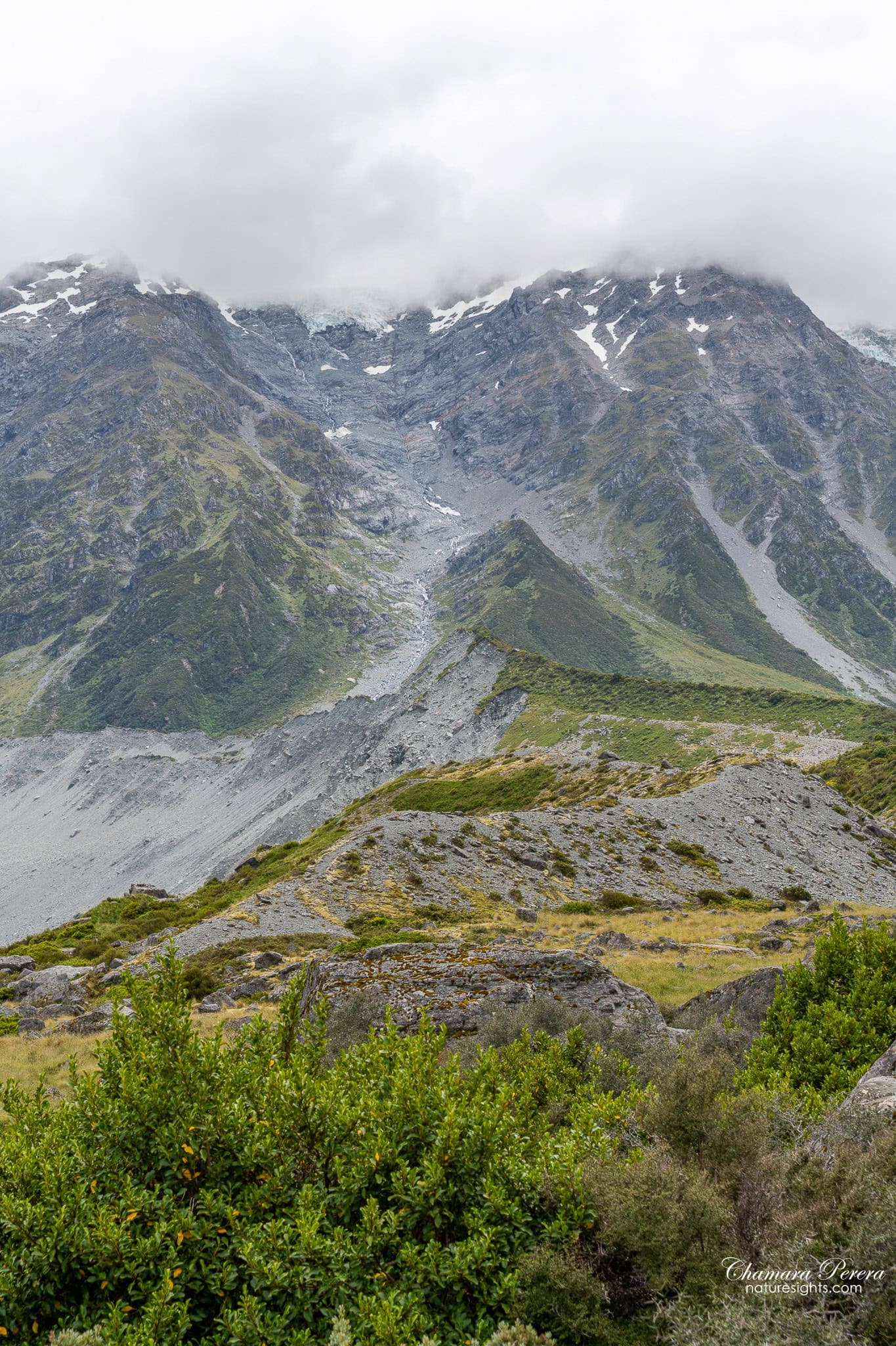 moraine valley with glacier Mount Cook National Park New Zealand