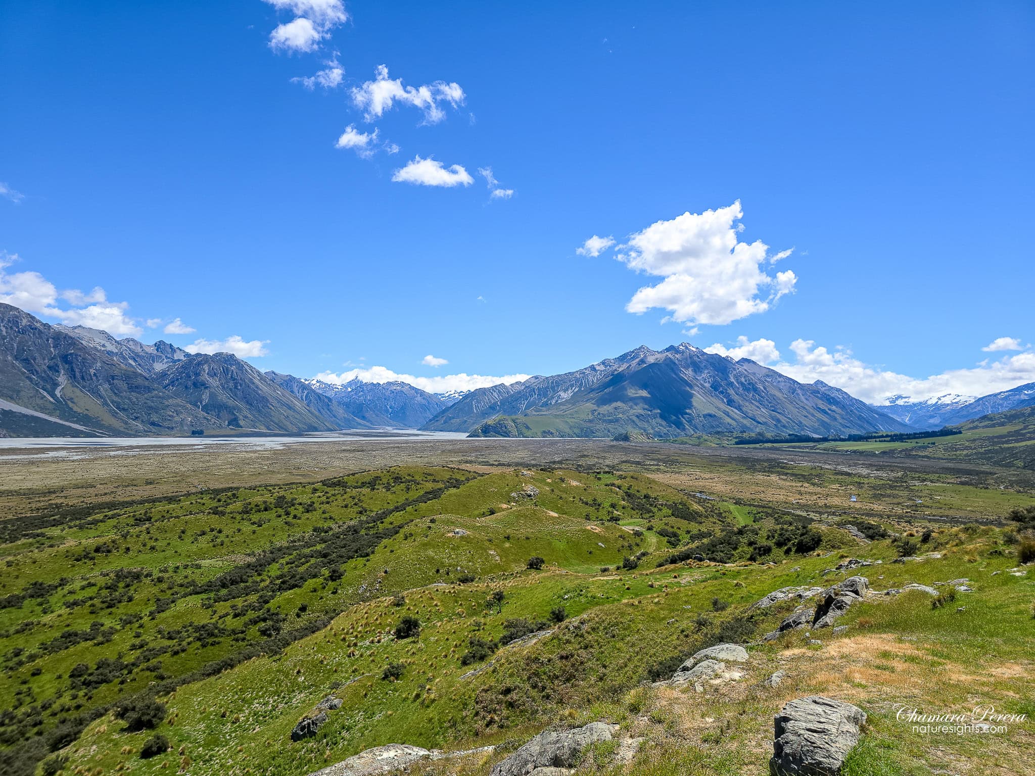 Summit panoramic from Mount Sunday showing Southern Alps and Rangitata Valley New Zealand