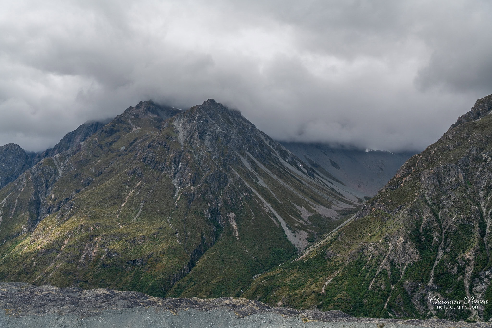 Mountain peaks above the moraine wall in the Tasman Valley at Mount Cook New Zealand