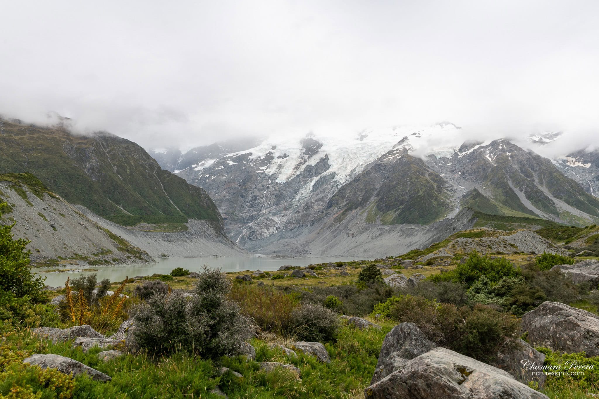 Mueller Lake panorama with glacier walls and mountains Mount Cook New Zealand