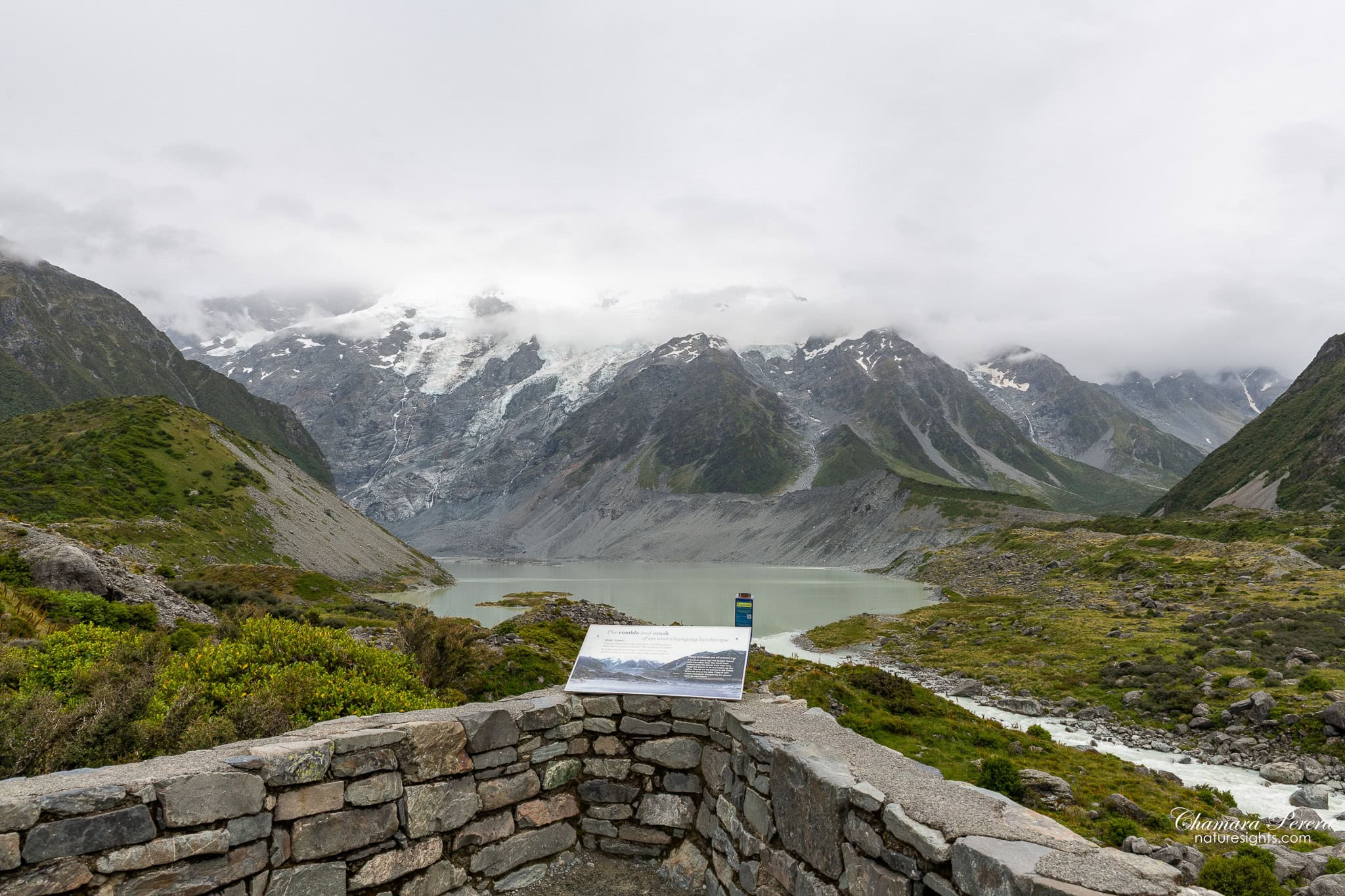 Mueller Lake viewpoint with DOC information board Hooker Valley Track New Zealand