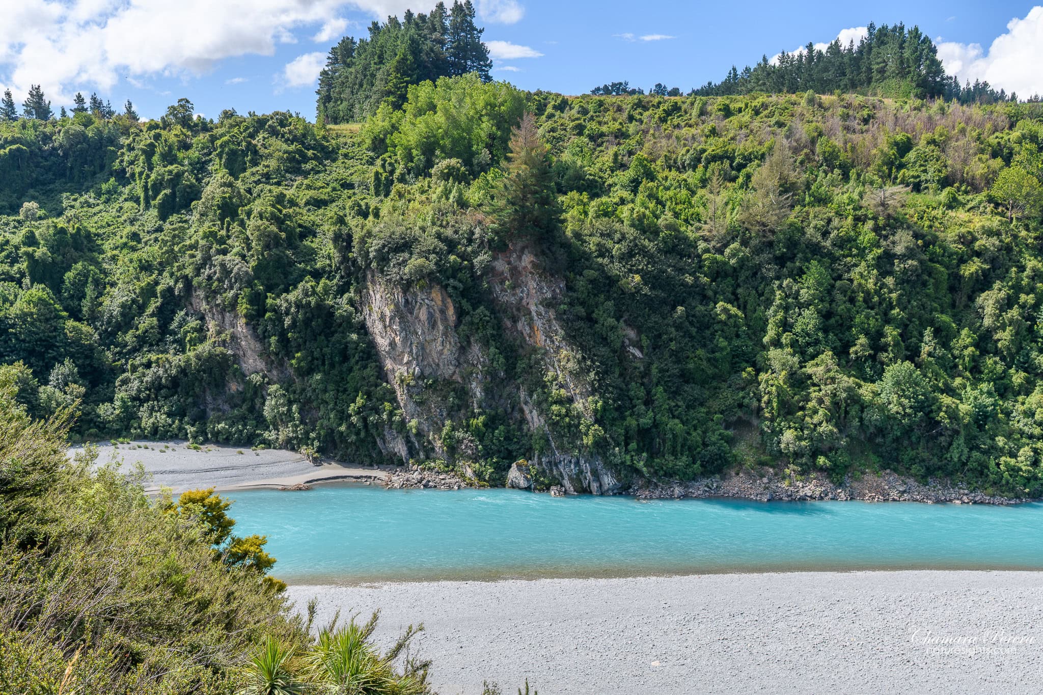 Rakaia Gorge cliff face covered in dense bush beside turquoise river bend New Zealand