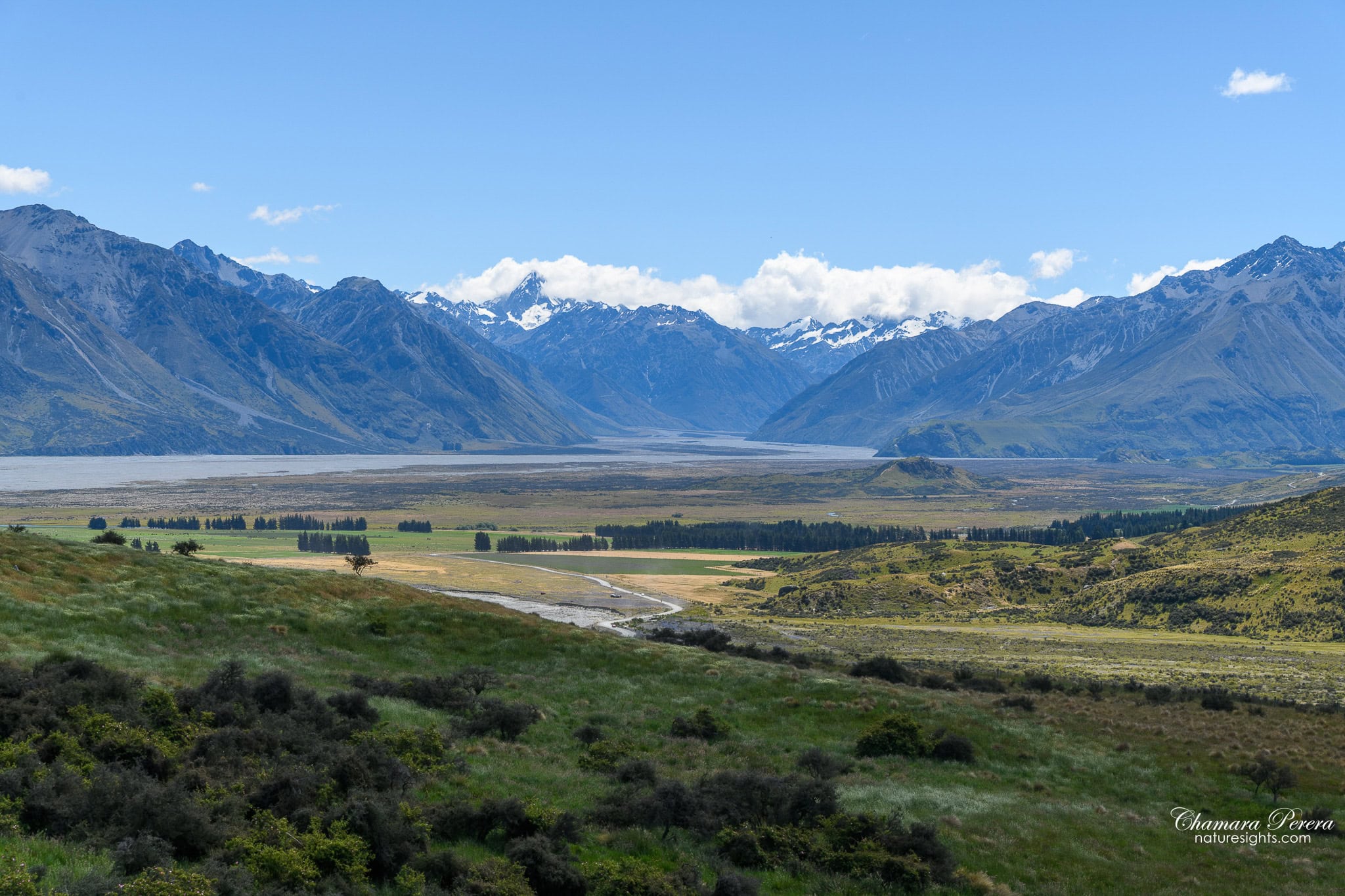 Panoramic Rangitata Valley with braided river and Southern Alps Mount Sunday New Zealand