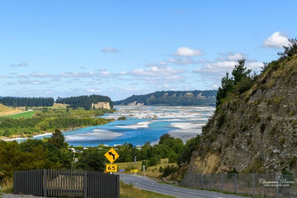 State Highway 72 descending toward Rakaia Gorge with braided river valley below New Zealand