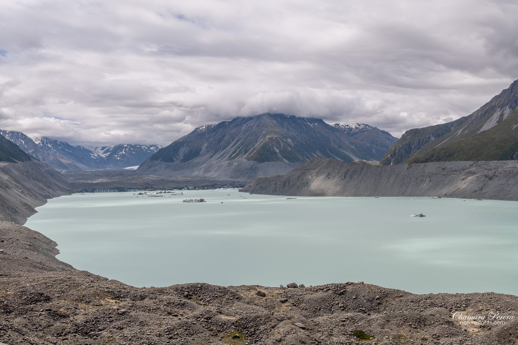 Tasman Lake with multiple icebergs and glacier visible on a clear day Mount Cook New Zealand