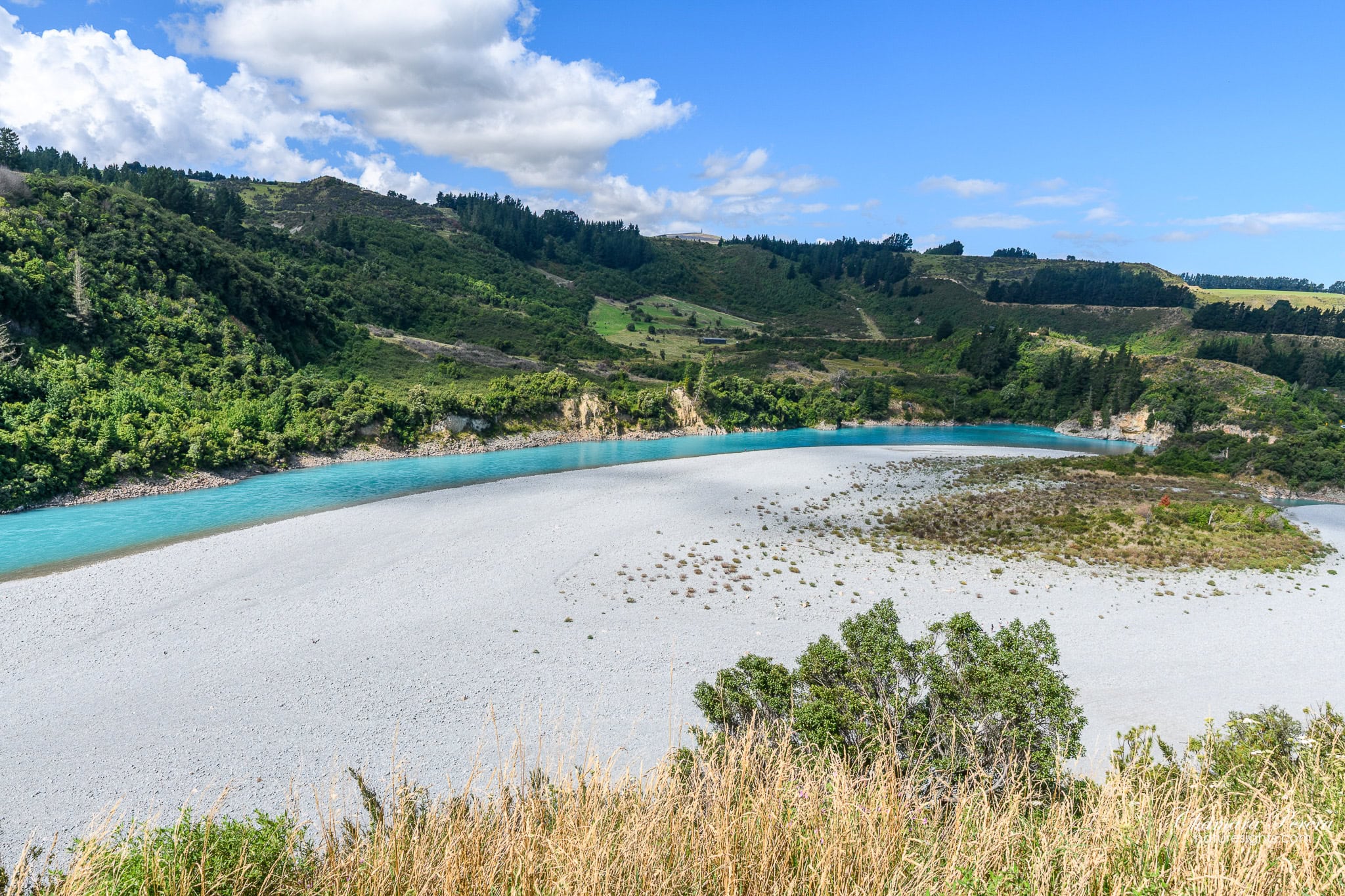turquoise braided Rakaia River with white gravel bars Canterbury New Zealand
