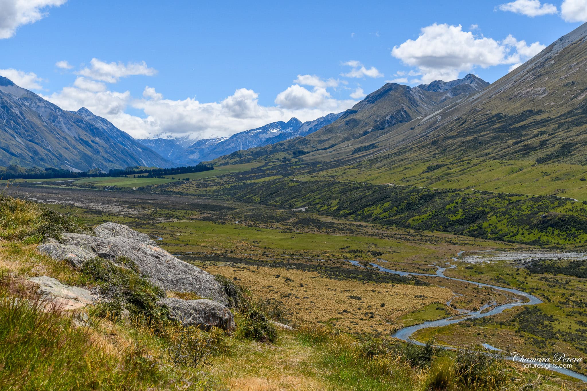 Rangitata Valley with winding river viewed from Mount Sunday summit New Zealand